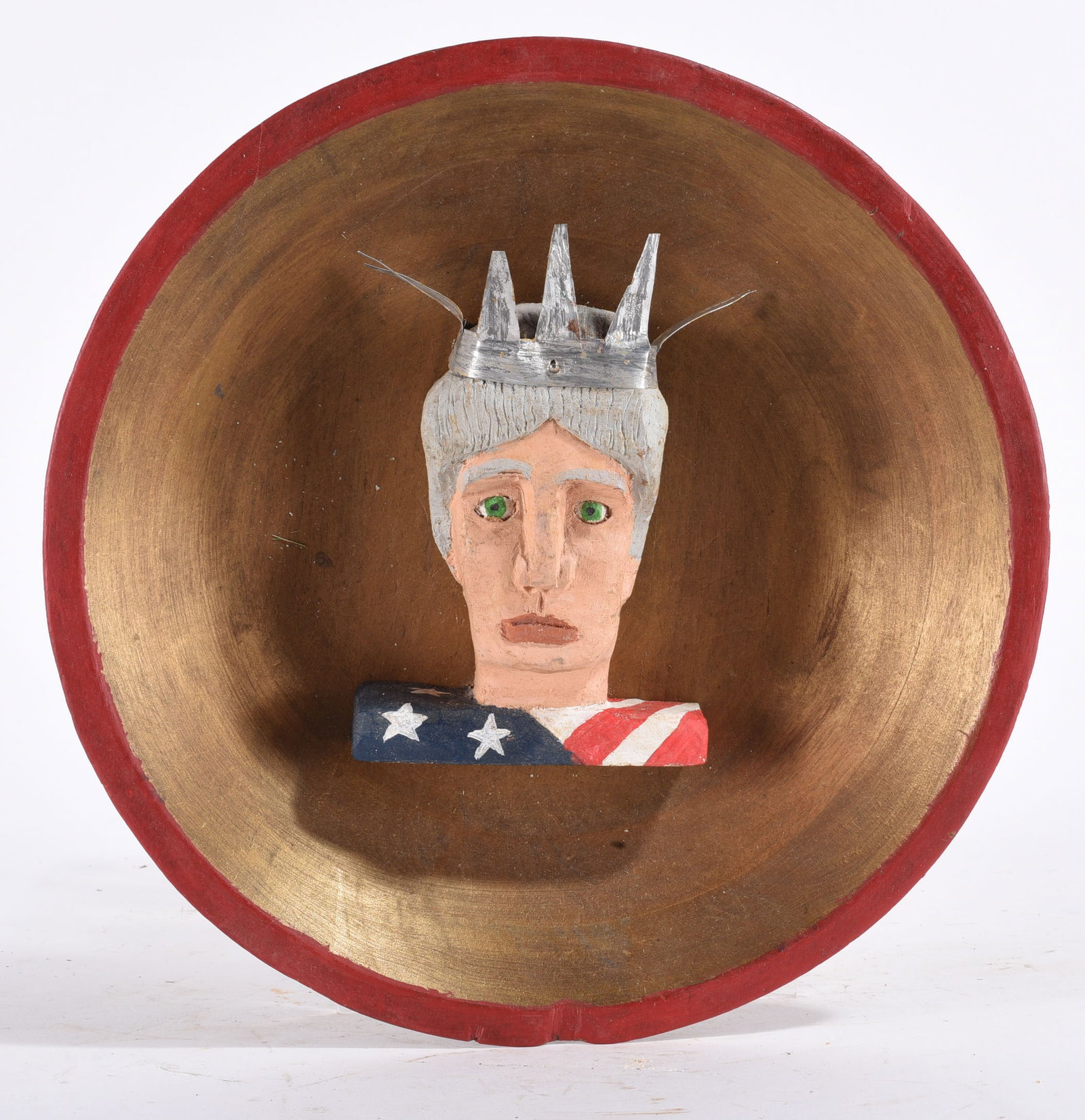 Tom Steck Statue of Liberty Head: Diameter 12" - carved wood and paint mounted to bowl, signed on back. please see photos for condition. All items are in estate condition We do offer in house shipping for items under 36" boxes 10"x10"