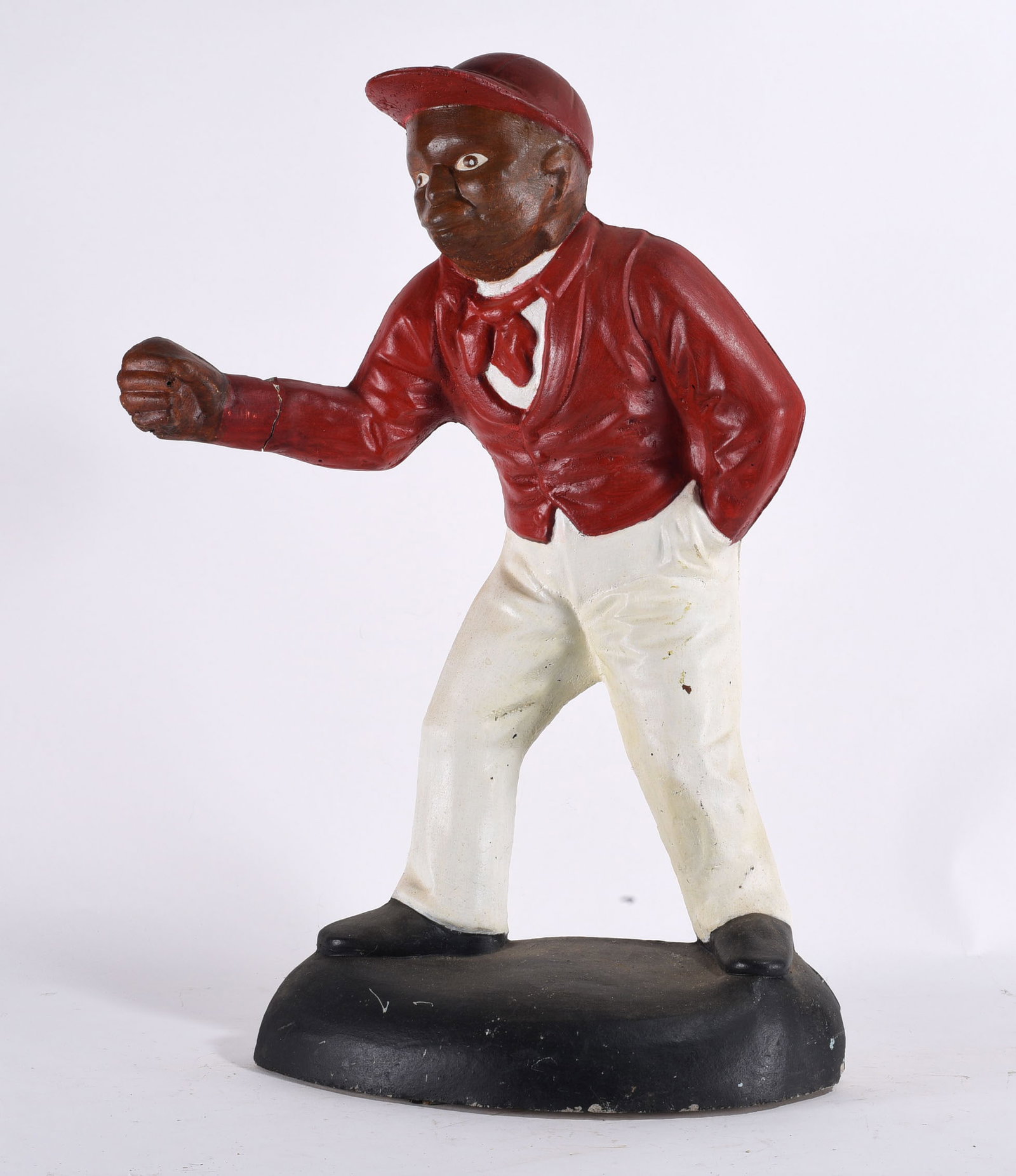 Heavy Iron Statue of Black Man: 26" - heavy statue arm is broken. please see photos for condition. All items are in estate condition We do offer in house shipping for items under 36" boxes 10"x10"x10" we can ship for around $21. box