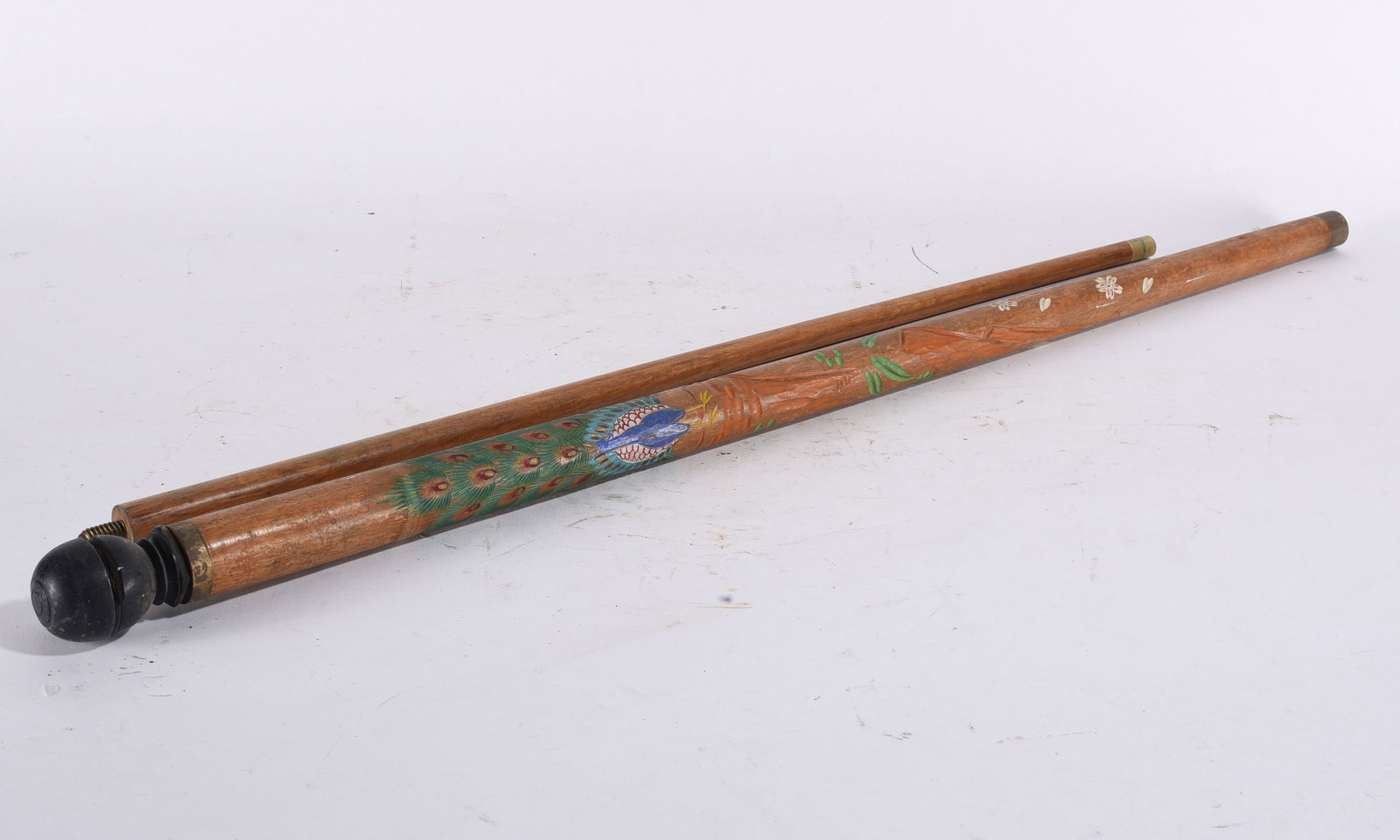 Folk Art Carved and Painted Pool Cue: Full size 58" - broken down 29-1/2" - carved and painted ca. 1950. please see photos for condition. All items are in estate condition We do offer in house shipping for items under 36" boxes 10"x10"x10