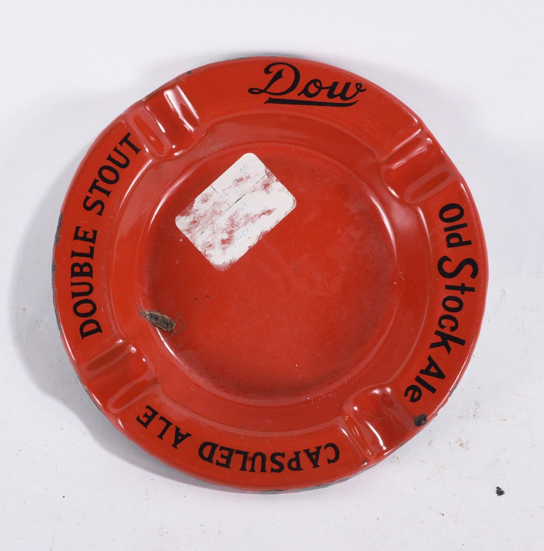 Advertising Enamel Ashtray – Double Stout Old Stock Ale: 6" --Vintage red enamel advertising ashtray marked “Double Stout Old Stock Ale.” Shows wear, surface scratches, and edge chipping.