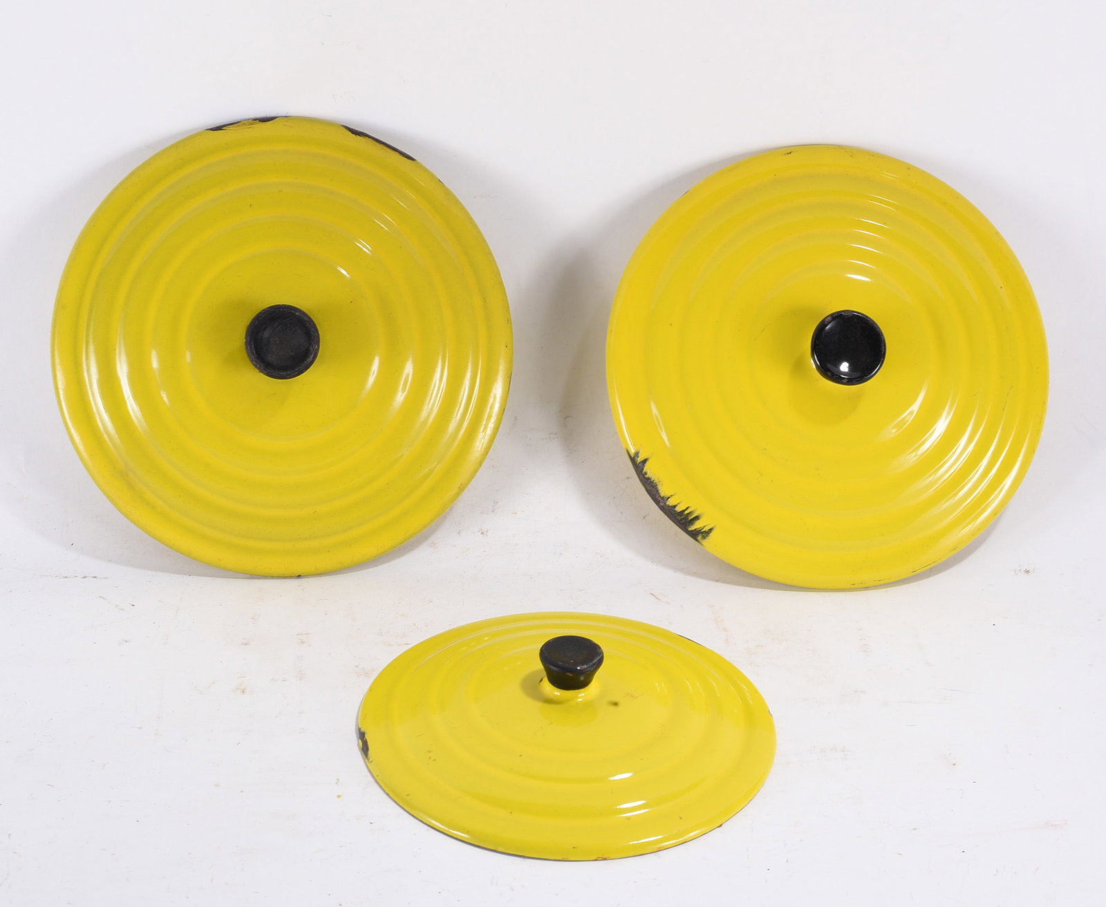 Yellow Enamel Pot Lids with Black Knobs (1 of 2)