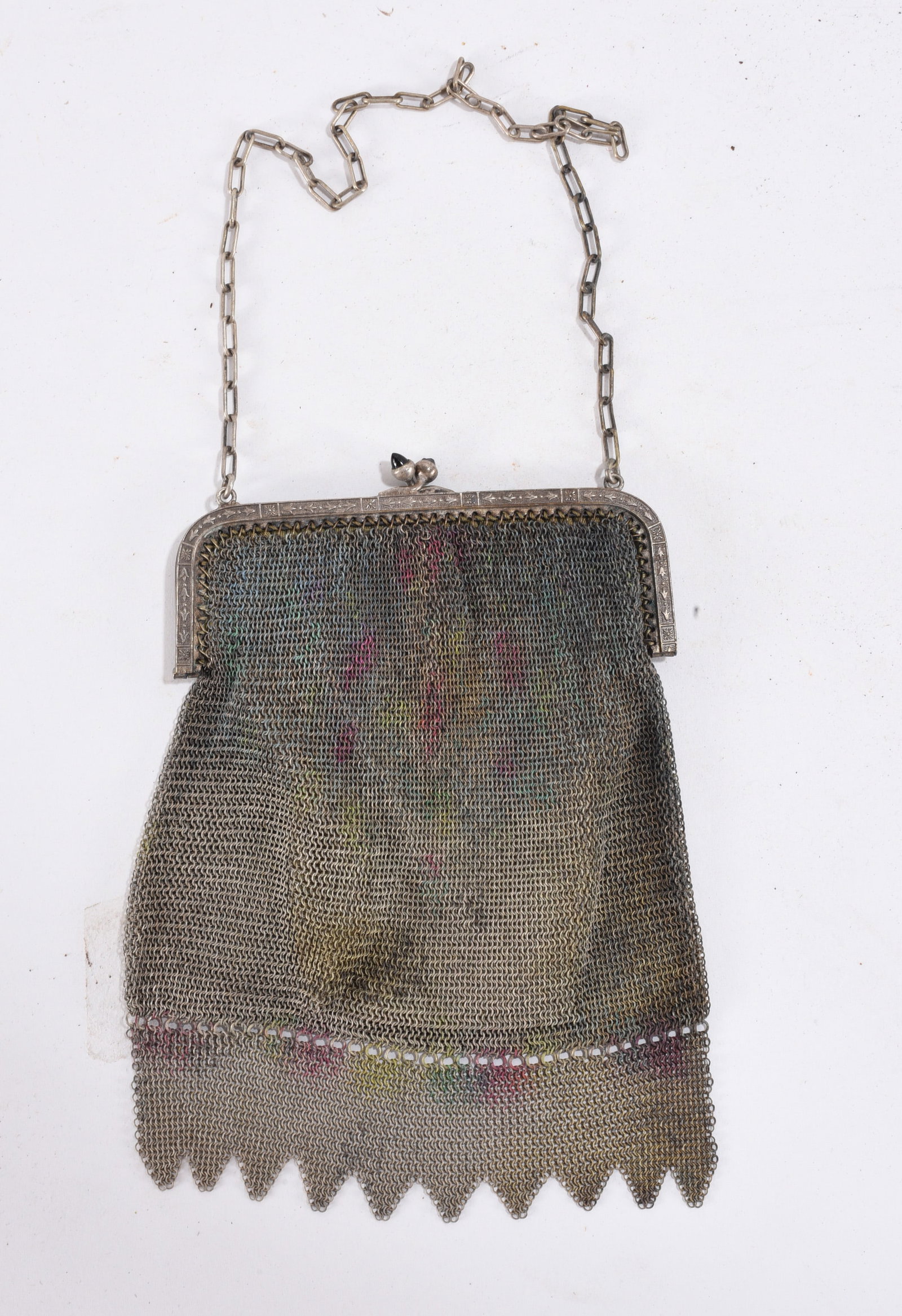 Vintage Silver Mesh Purse with Floral Pattern: 5"x7" -- "Vintage mesh purse with subtle floral pattern woven into metal links and classic frame closure delicate antique evening bag