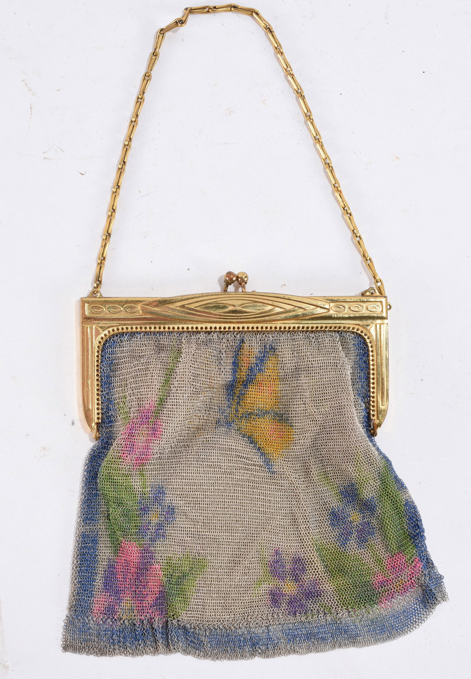 Vintage Mesh Purse with Art Deco Blue Enamel Frame: 5"x6" -- Vintage mesh purse with blue enamel accented frame and floral pattern;classic decorative evening piece