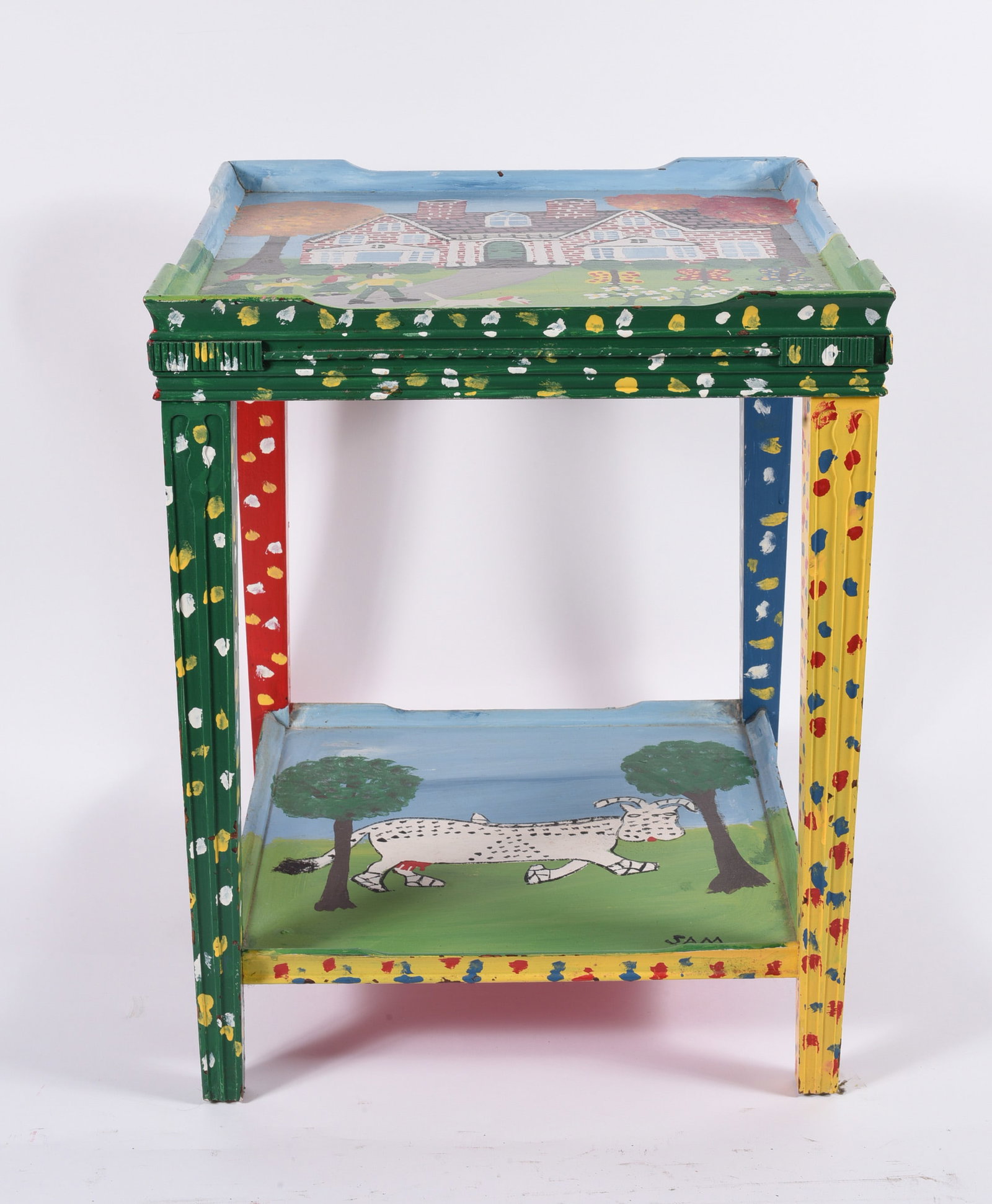 Sam The Dot Man Painted End Table: 18"x24"x18" -- wooden end table painted by Sam The Dot Man please see photos for condition. All items are in estate condition We do offer in house shipping for items under 36" boxes 10"x10"x10" we can
