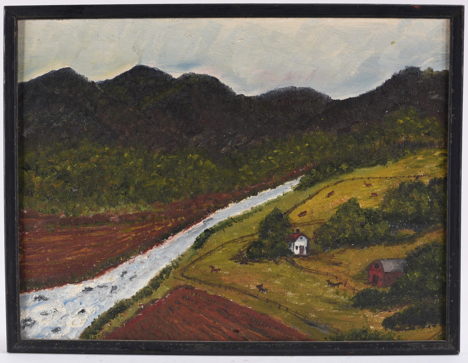 Oil Painting on Board: 17"x13" -- unsigned. Painting on board. please see photos for condition. All items are in estate condition We do offer in house shipping for items under 36" boxes 10"x10"x10" we can ship for around $2