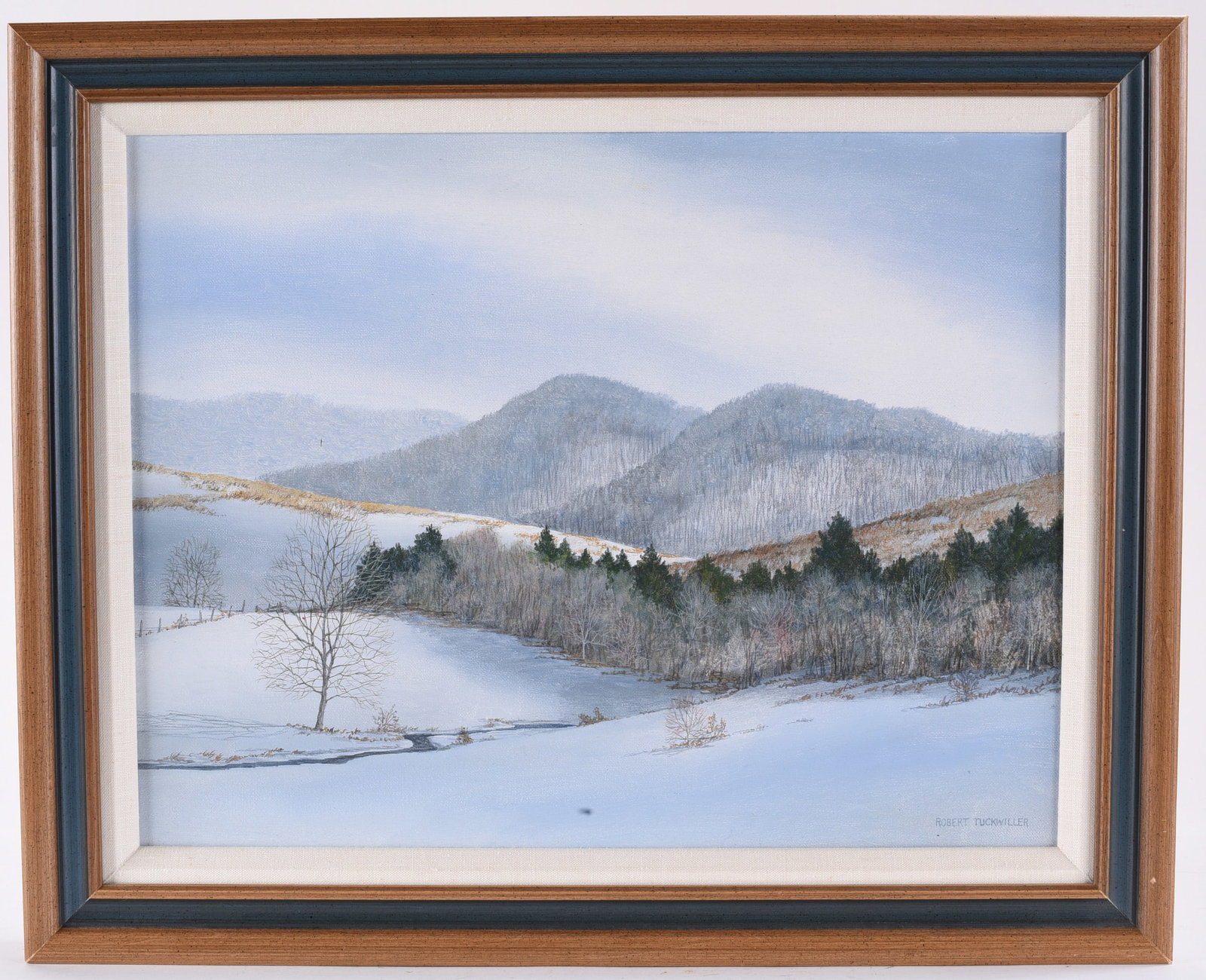 Acrylic on Canvas Signed by Robert Tuckwiller: 22"x18" -- Painting signed by Robert Tuckwiller lower right. please see photos for condition. All items are in estate condition We do offer in house shipping for items under 36" boxes 10"x10"x10" we c