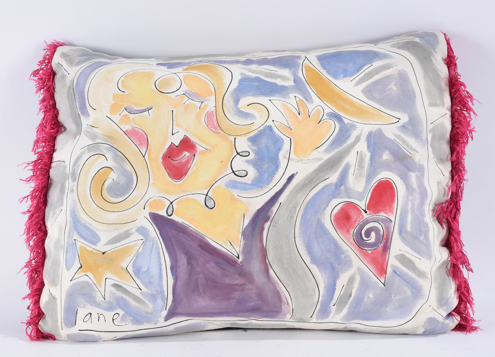Painted Pillow by Lane: 22"x15" -- Pillow painted and signed by Lane please see photos for condition. All items are in estate condition We do offer in house shipping for items under 36" boxes 10"x10"x10" we can ship for arou