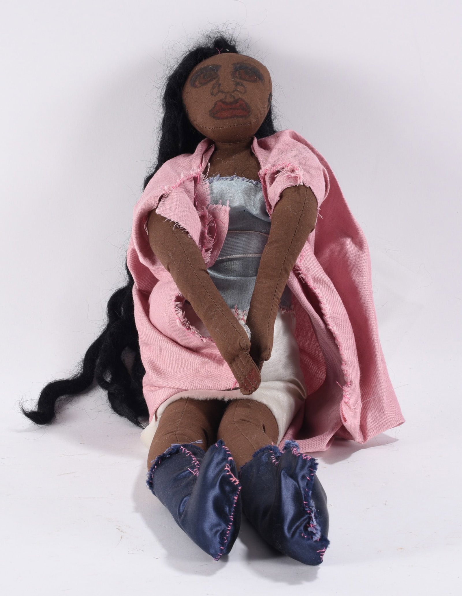 Black Americana Doll: 19" - Folk made African American doll. c. 1980s-- please see photos for condition. All items are in estate condition We do offer in house shipping for items under 36" boxes 10"x10"x10" we can ship for