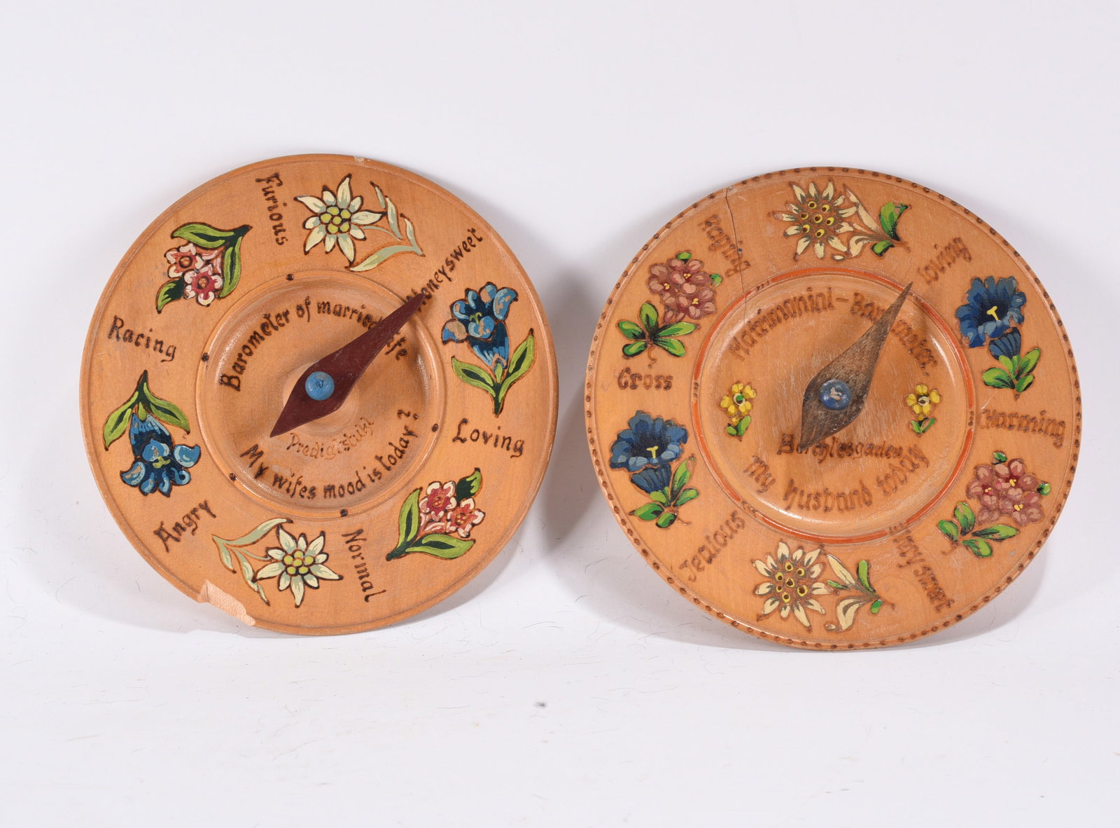Marriage Barometers Hangers: Both 8" -- Pair of barometers of "Married Life" and "Matrimonial" please see photos for condition. All items are in estate condition We do offer in house shipping for items under 36" boxes 10"x10"x10"