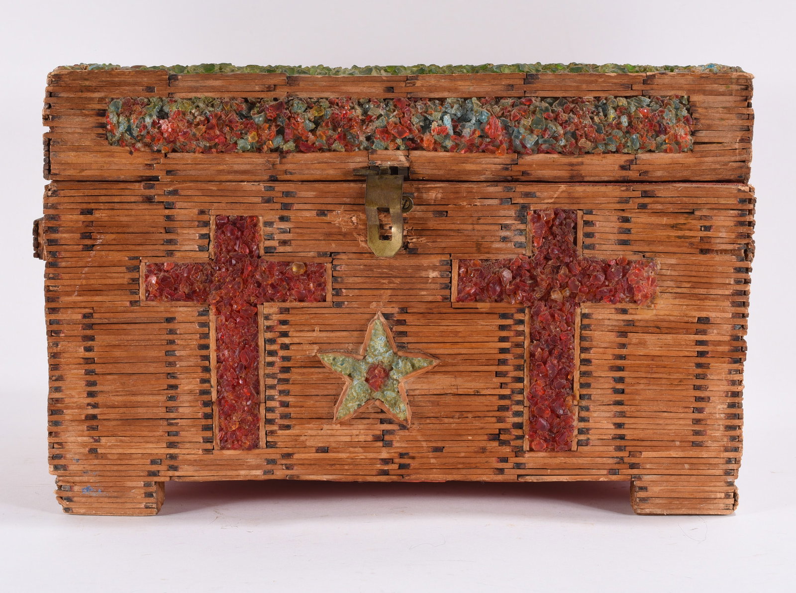 Matchstick Folk Art Box: 14"x9"x9" -- Matchstick Folk Art Box. please see photos for condition. All items are in estate condition We do offer in house shipping for items under 36" boxes 10"x10"x10" we can ship for around $21.