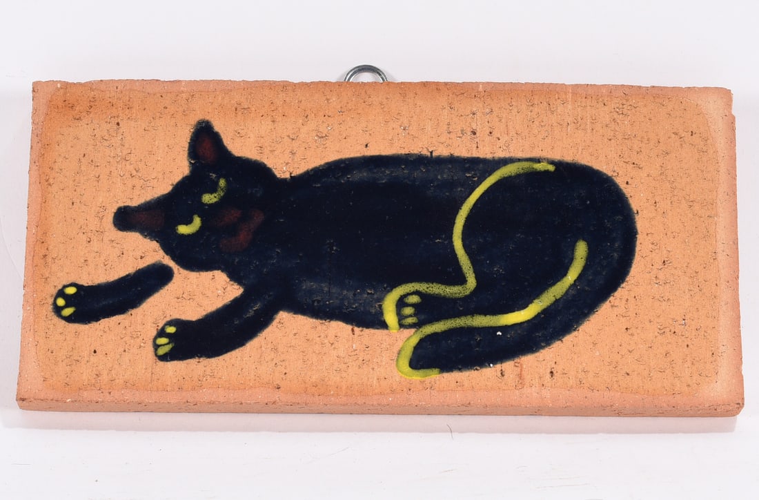 Cat Folk Art Pottery Tile: 8"x4" -- Folk Art Pottery Tile signed and dated on back please see photos for condition. All items are in estate condition We do offer in house shipping for items under 36" boxes 10"x10"x10" we can sh