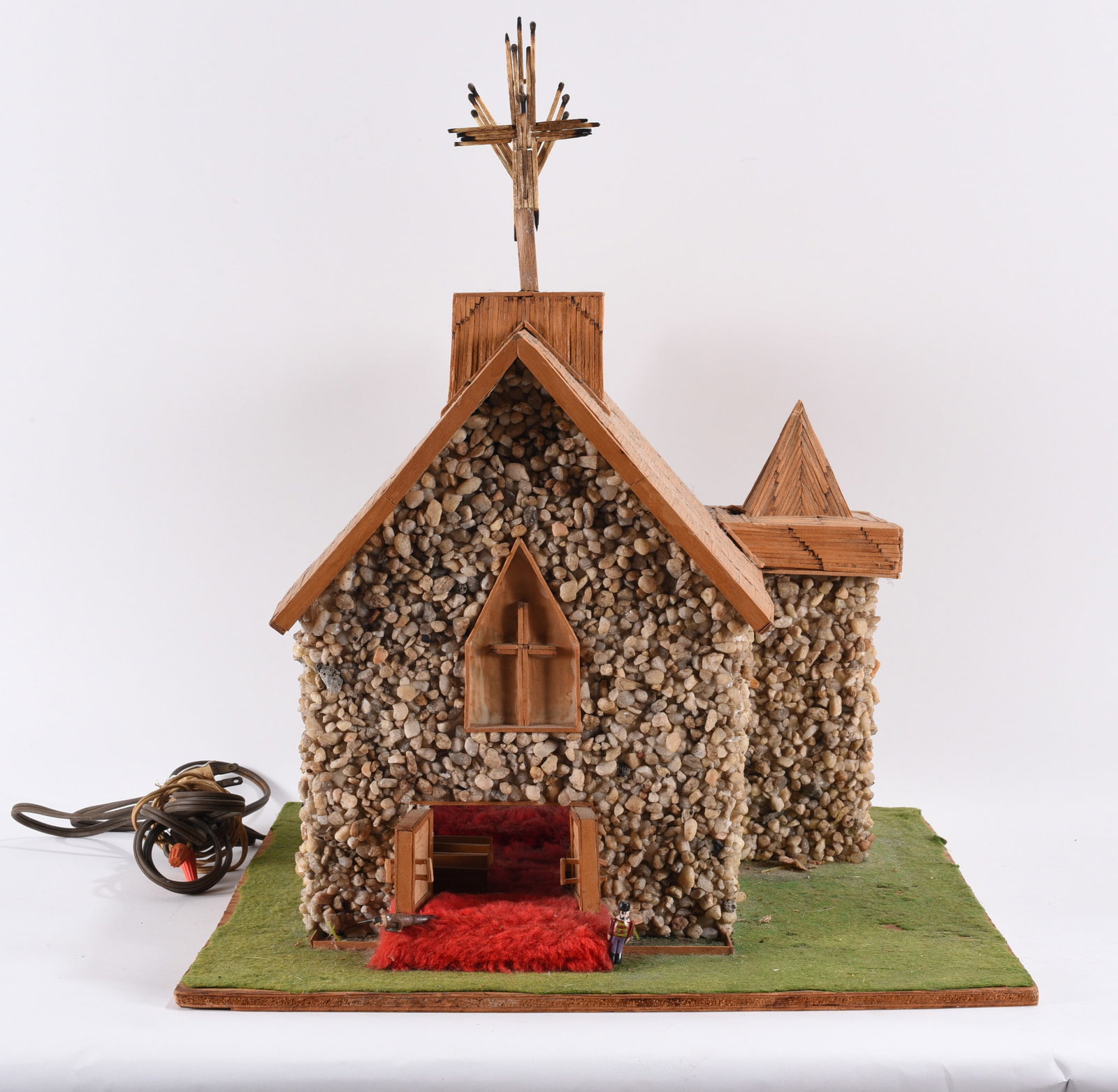 Folk Art Church Stone and Wood: 15"x16"x18" -- Stone and wood folk art church. Nice detailed interior. please see photos for condition. All items are in estate condition We do offer in house shipping for items under 36" boxes 10"x10