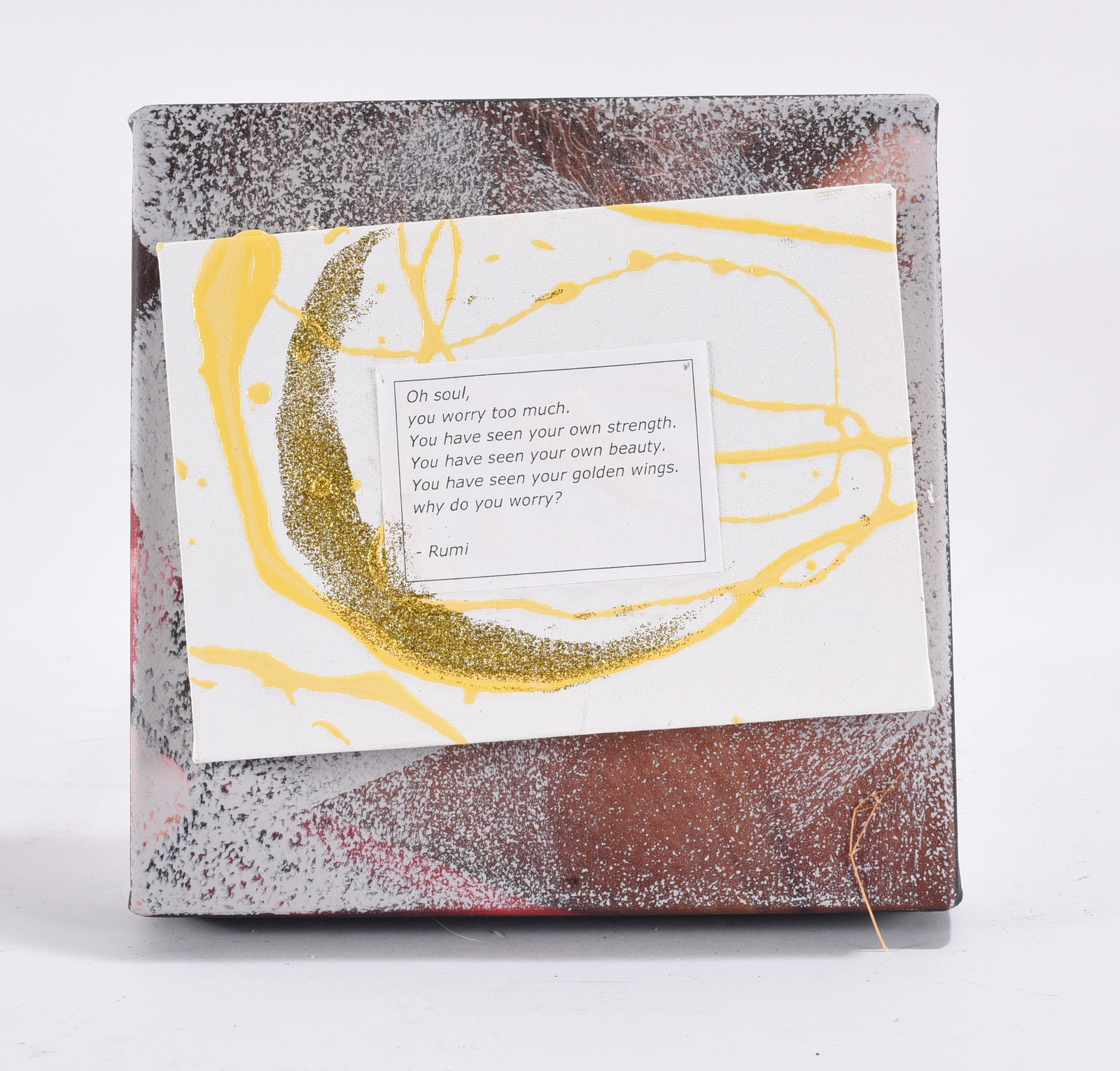 Abstract Art and Poem by Rumi: 8"x8" -- Abstract art with printed poem by Rumi. please see photos for condition. All items are in estate condition We do offer in house shipping for items under 36" boxes 10"x10"x10" we can ship for 