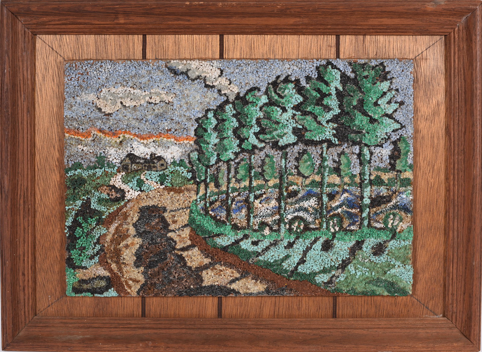 Pebble Folk Art: 18"x12", framed to 25"x18" - Pebble folk art landscape. please see photos for condition. All items are in estate condition We do offer in house shipping for items under 36" boxes 10"x10"x10" we can sh