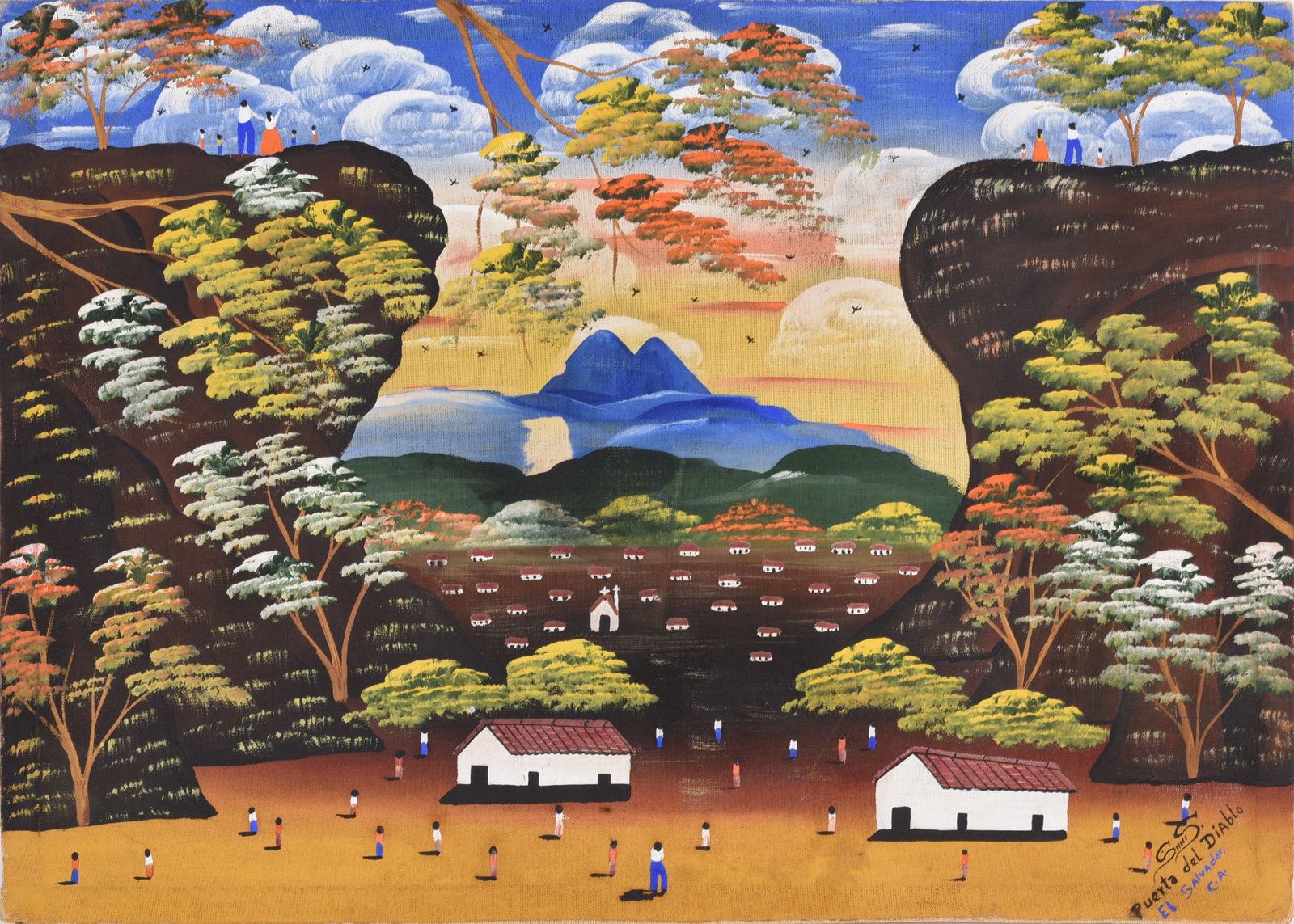 Painting on Canvas: 28"x20" -- Painting on fabric by SS Puerta El Diablo, El Salvadore, C.A. please see photos for condition. All items are in estate condition We do offer in house shipping for items under 36" boxes 10"x