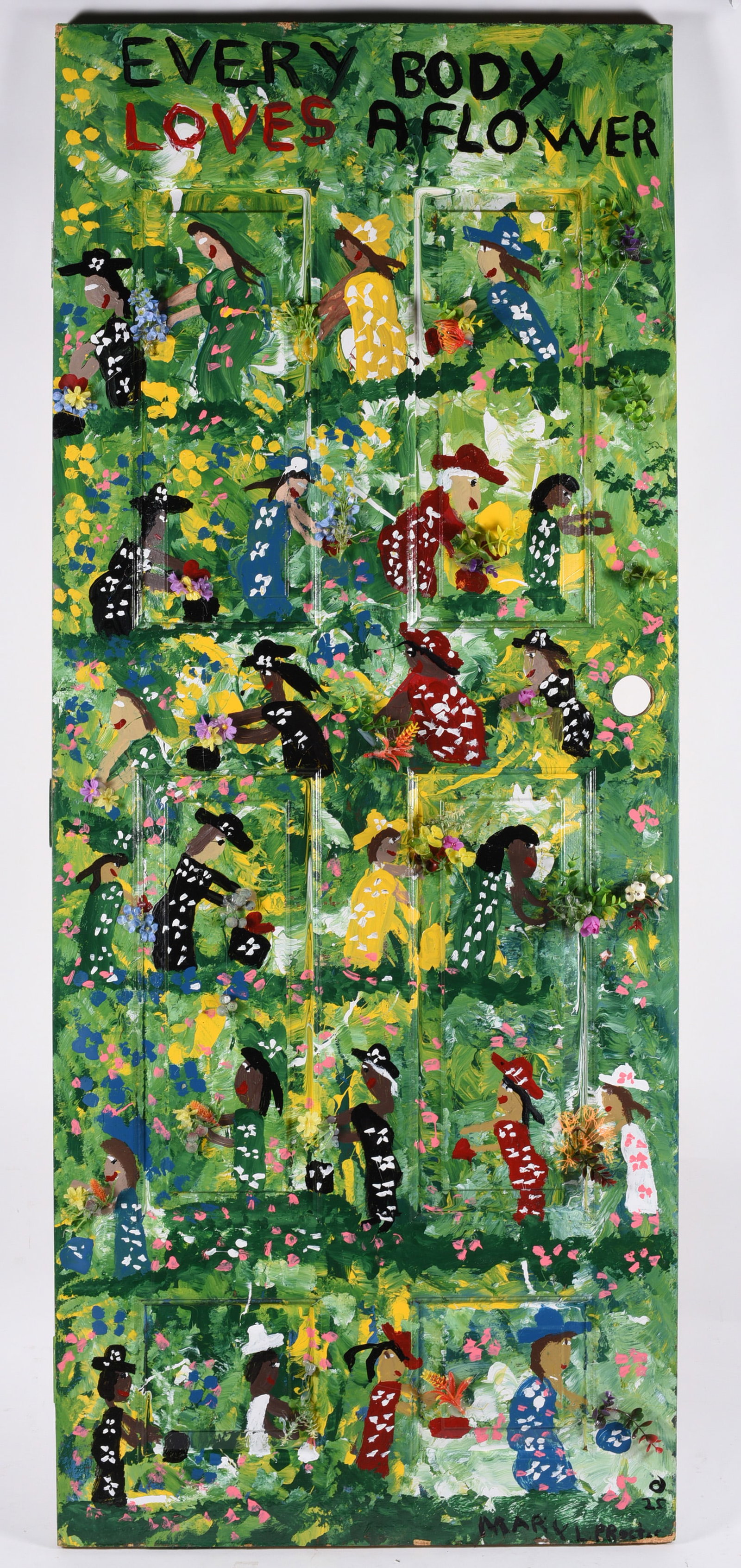 Mary Proctor Folk Art Painting: 32"x80" -- Door painted by Mary Proctor. please see photos for condition. All items are in estate condition We do offer in house shipping for items under 36" boxes 10"x10"x10" we can ship for around $