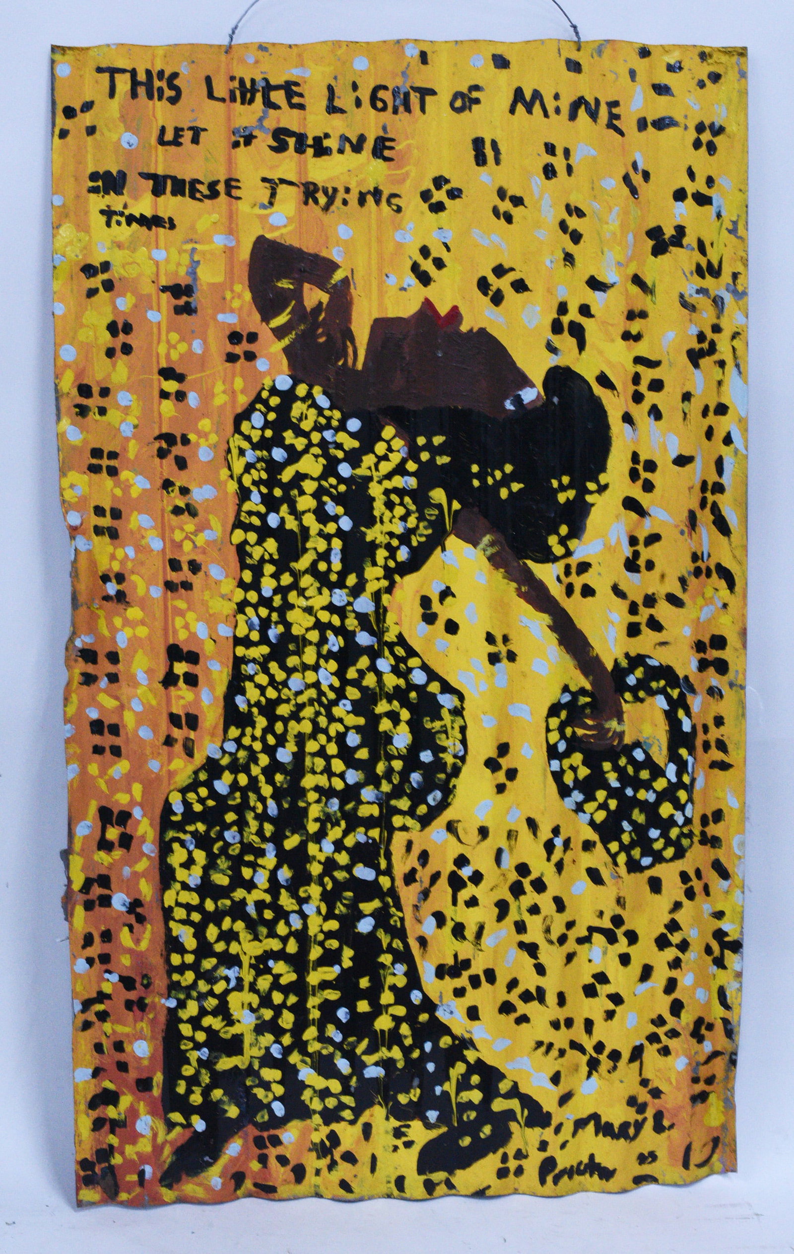Mary Proctor Folk Art Painting: 26"x45" -- -Tin painted signed by Mary Proctor please see photos for condition. All items are in estate condition We do offer in house shipping for items under 36" boxes 10"x10"x10" we can ship for ar