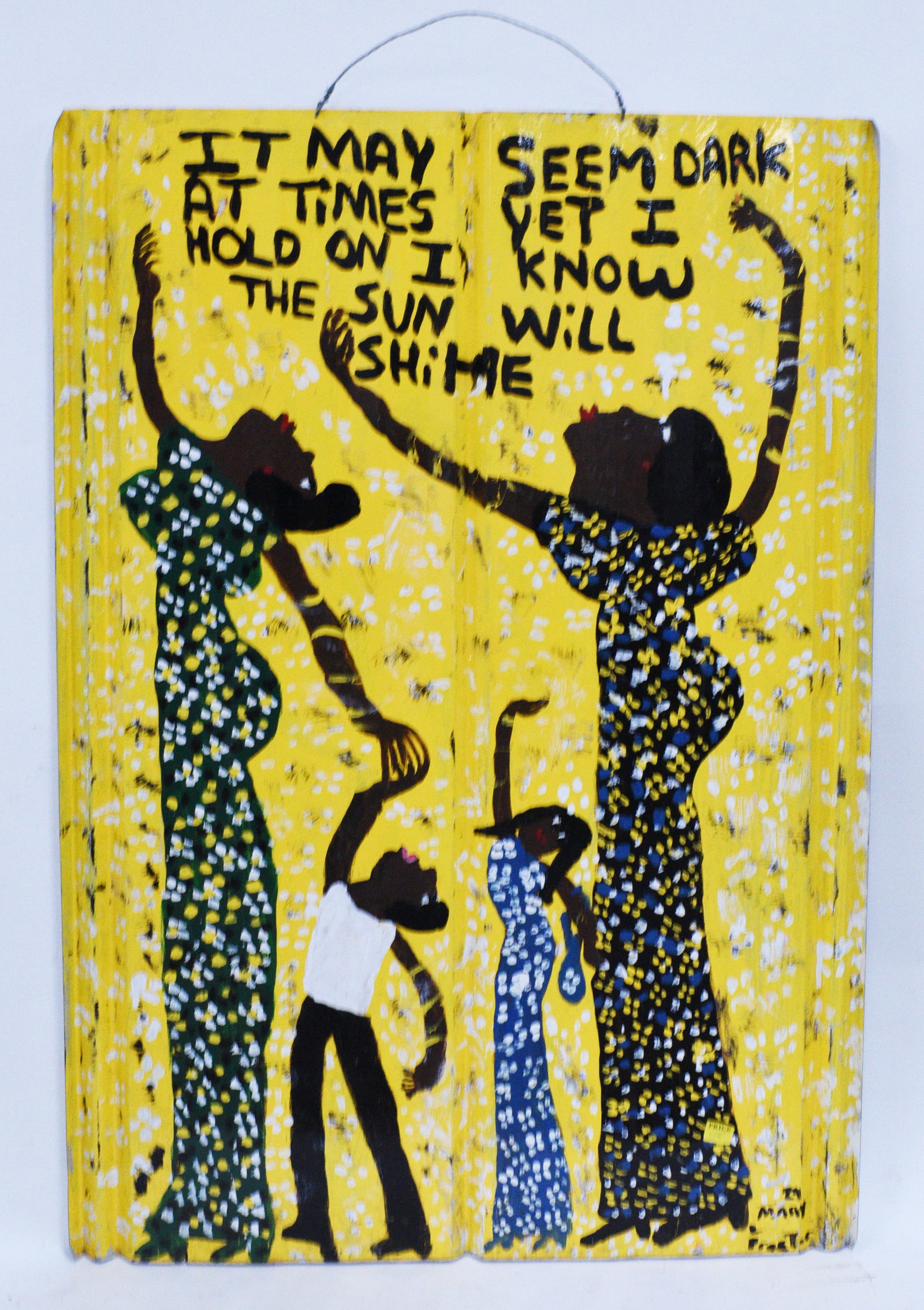 Mary Proctor Folk Art Painting: 36"x26" -- Tin painted signed by Mary Proctor please see photos for condition. All items are in estate condition We do offer in house shipping for items under 36" boxes 10"x10"x10" we can ship for aro
