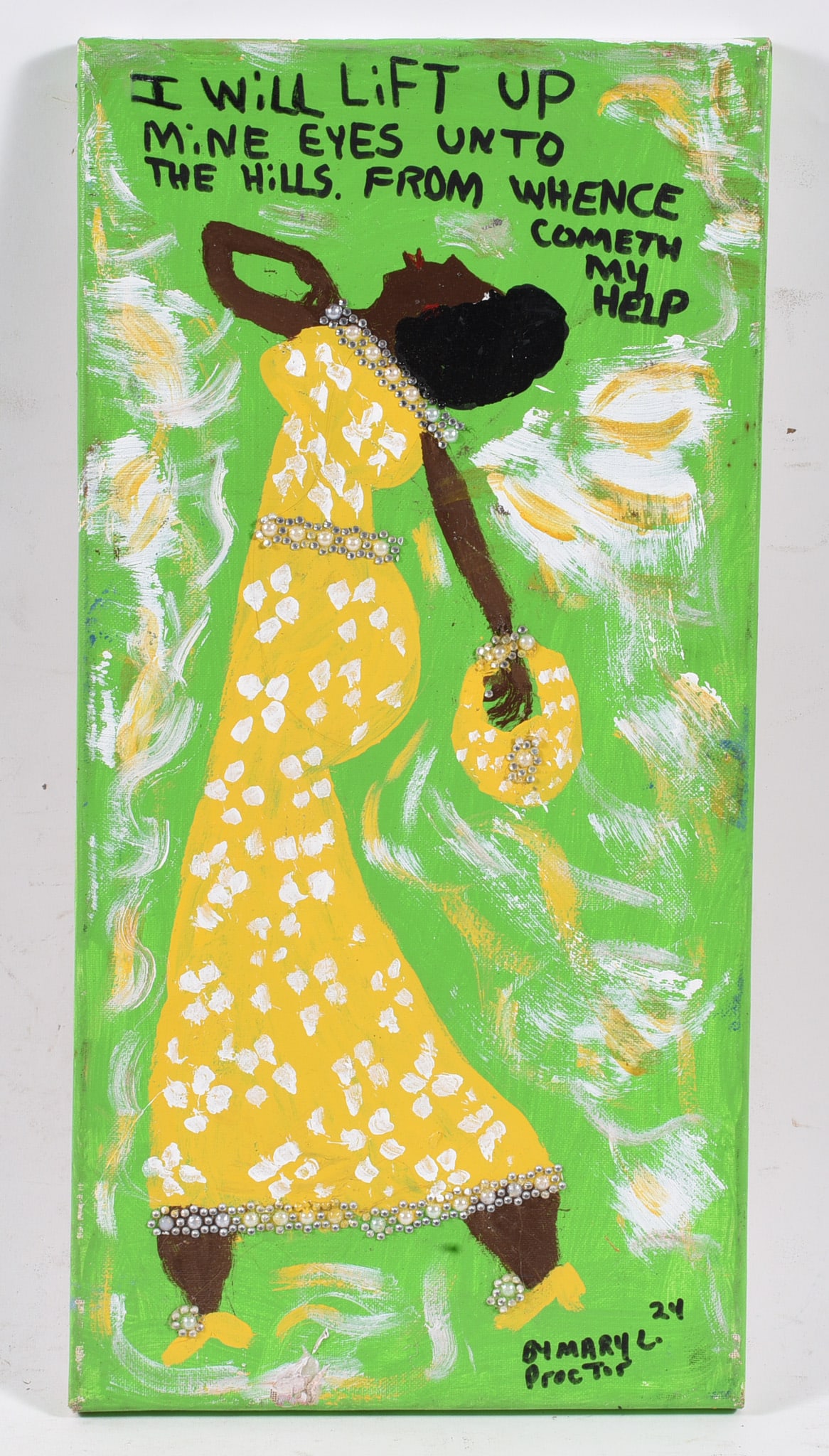 Mary Proctor Folk Art Painting: 10"x20" -- Canvas painted and signed by Mary Proctor please see photos for condition. All items are in estate condition We do offer in house shipping for items under 36" boxes 10"x10"x10" we can ship 