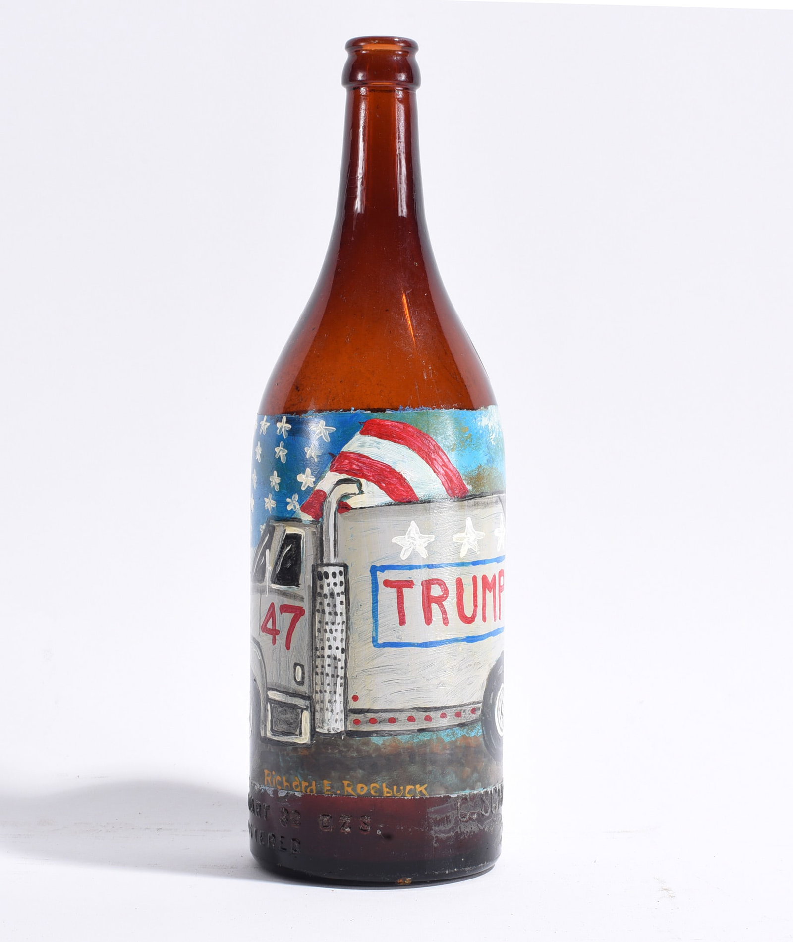 Richard Roebuck Folk Painted Bottle: 12" paint on old bottle. please see photos for condition. All items are in estate condition We do offer in house shipping for items under 36" boxes 10"x10"x10" we can ship for around $21. boxes 18x18x