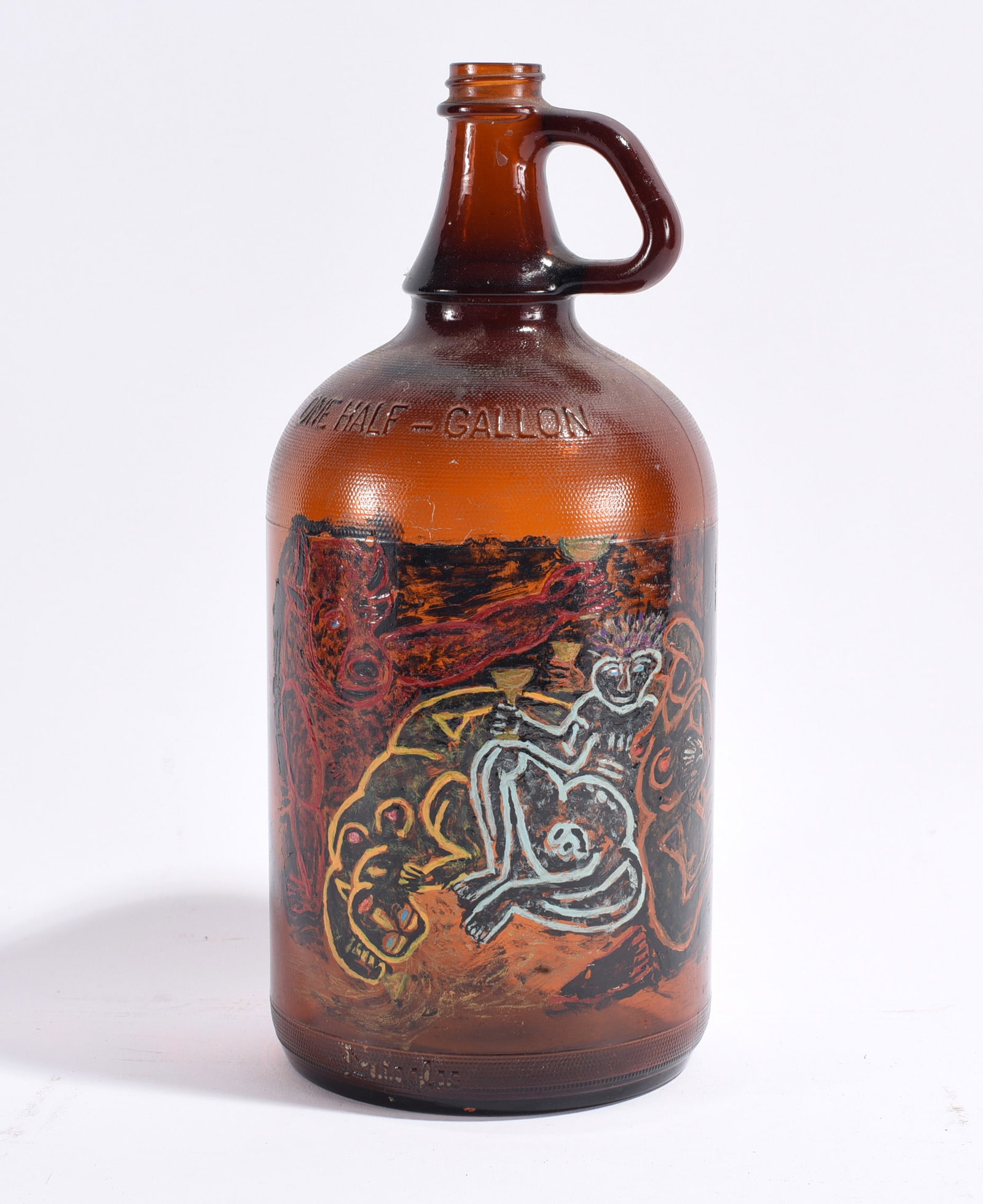 Old Bottle w/ Folk Art Painting: 12" painted old bottle ca. 1980 please see photos for condition. All items are in estate condition We do offer in house shipping for items under 36" boxes 10"x10"x10" we can ship for around $21. boxes