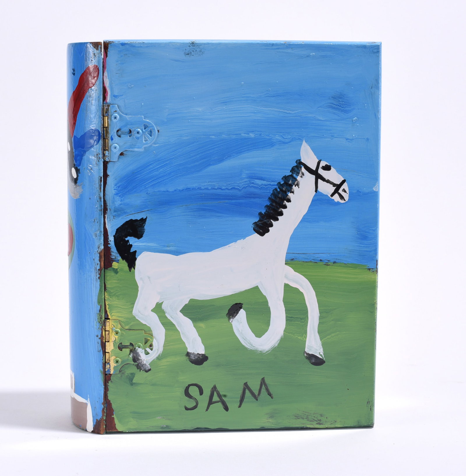 Sam The Dot Man Painted Whatnot: 7"x9" a painted wooden book item that opens to a clock. please see photos for condition. All items are in estate condition We do offer in house shipping for items under 36" boxes 10"x10"x10" we can sh