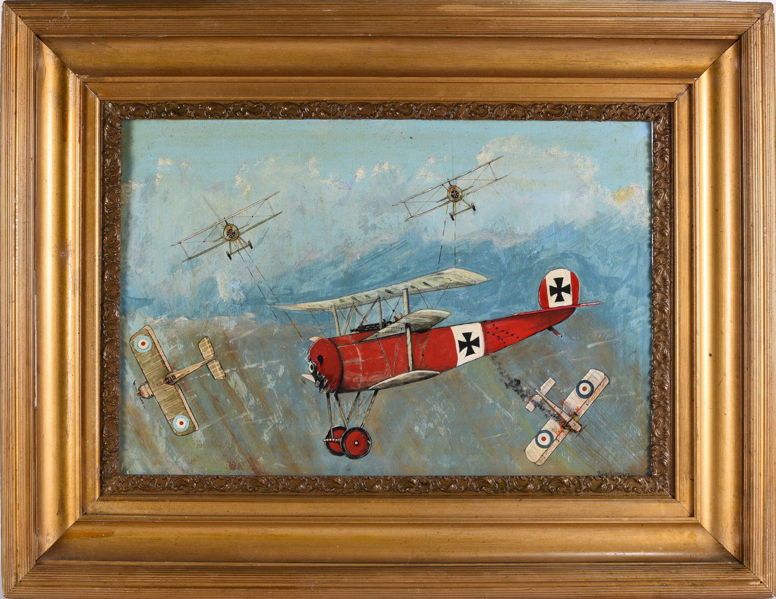Robert Grauel Painting of Planes: 33"x26" outstanding painting on canvas ca. 1930 signed lower right. This painting does have a self taught art feel to it. Nontheless a great painting to display.Robert Grauel Painting We do offer in h