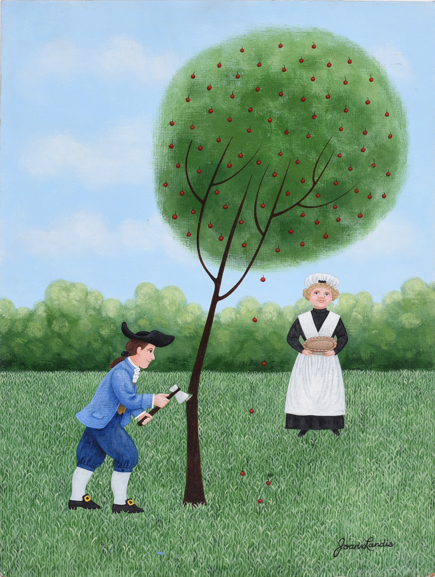 Joan Landis Folk Art Painting: 12"x16" paint on masonite board. Signed lower right. We do offer in house shipping for items under 36" boxes 10"x10"x10" we can ship for around $21. boxes 18x18x18 we can ship for around $56 - $65.