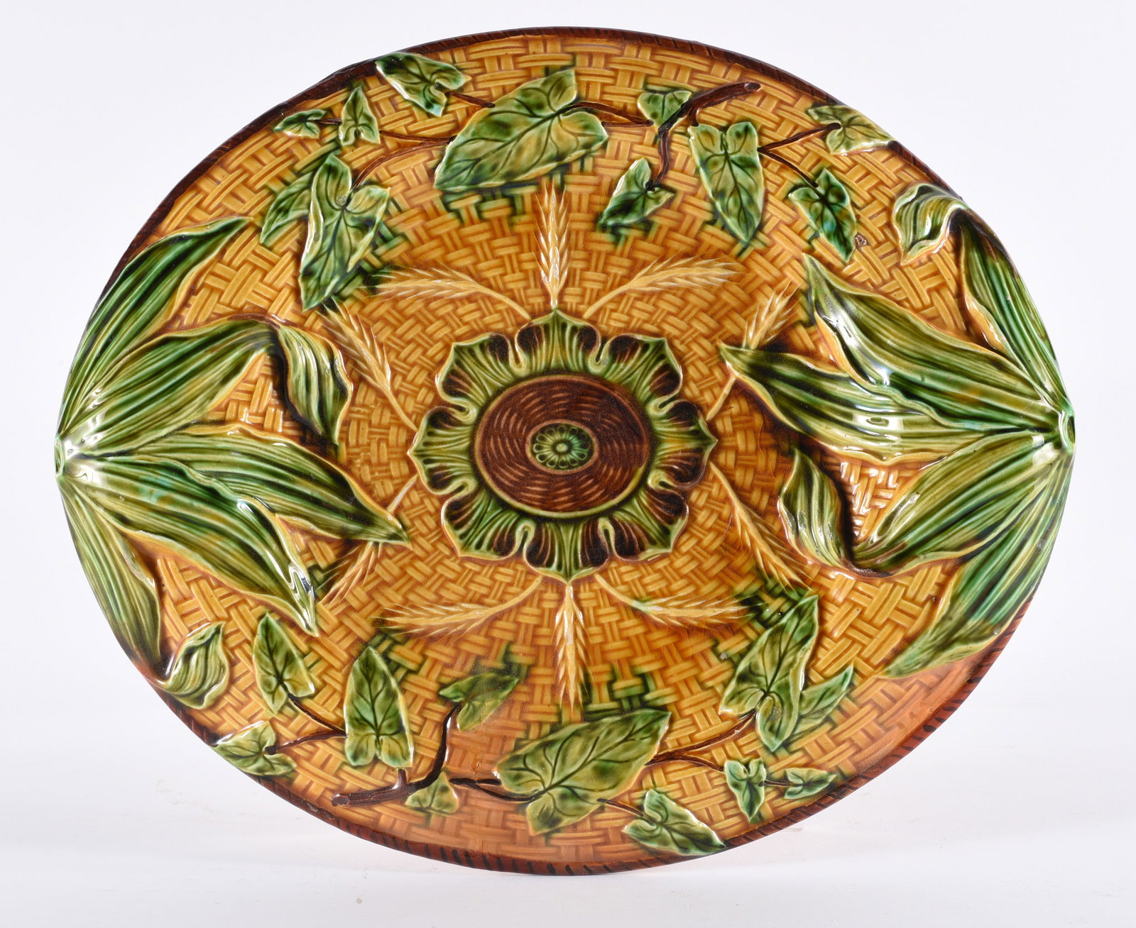 English Majolica Leaf and Basketweave Platter (1 of 2)