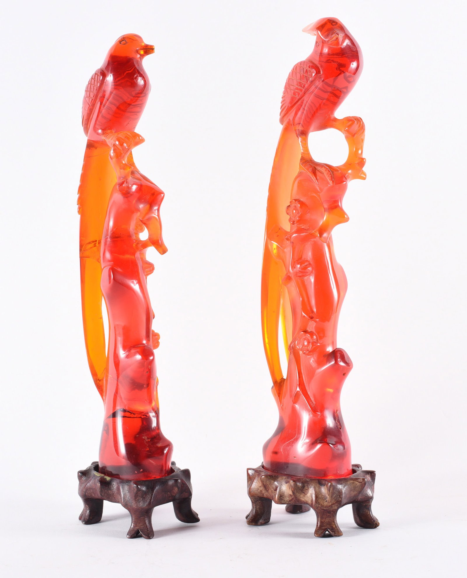 Pair Carved Red Resin Bird and Monkey Figures on Stands (1 of 2)