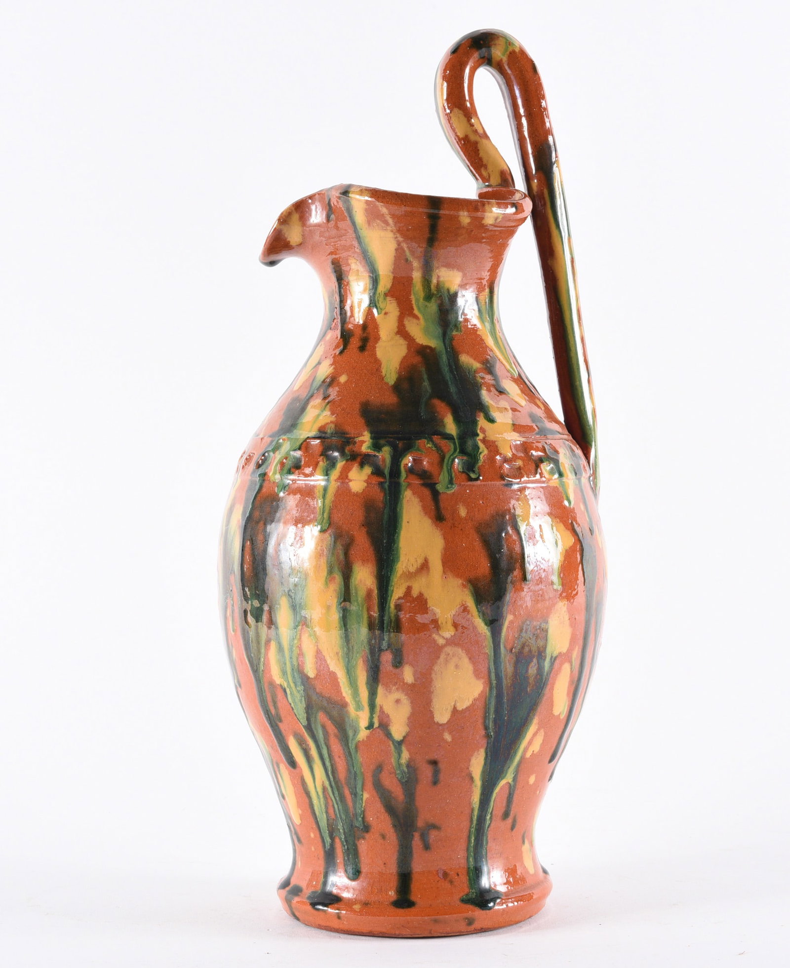 Joe Owen Multi Glaze Rebecca Pitcher: 14" Rebecca Pitcher ca. 1950 by Joe Owen. We do offer in house shipping for items under 36" boxes 10"x10"x10" we can ship for around $21. boxes 18x18x18 we can ship for around $56 - $65. to get in hou