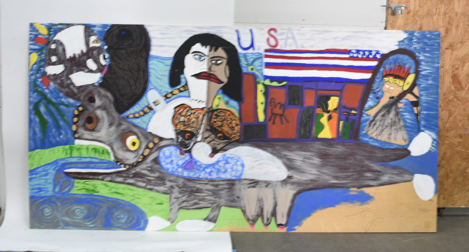 Brenda Davis Large Folk Art Painting: 96"x48" large painting by Brenda Davis. We do offer in house shipping for items under 36" boxes 10"x10"x10" we can ship for around $21. boxes 18x18x18 we can ship for around $56 - $65. to get in house