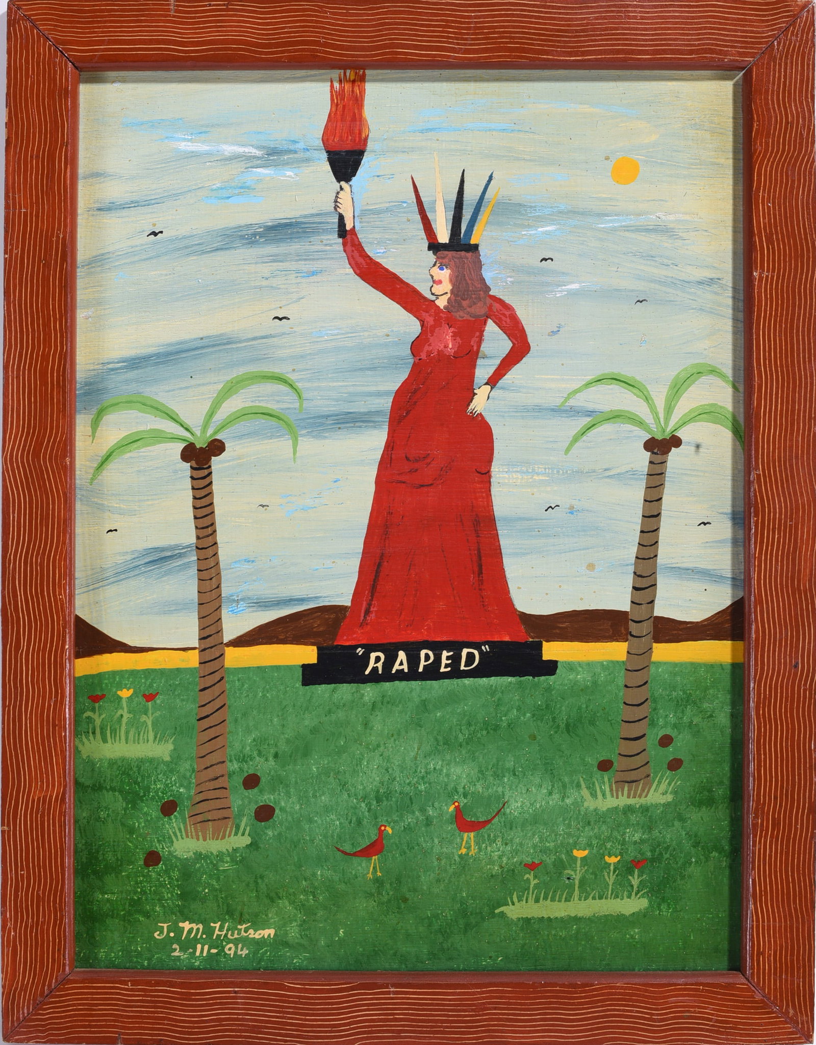 Mike Hutson Folk Art Painting: 14"x18" paint on wood board, signed. We do offer in house shipping for items under 36" boxes 10"x10"x10" we can ship for around $21. boxes 18x18x18 we can ship for around $56 - $65. to get in house sh