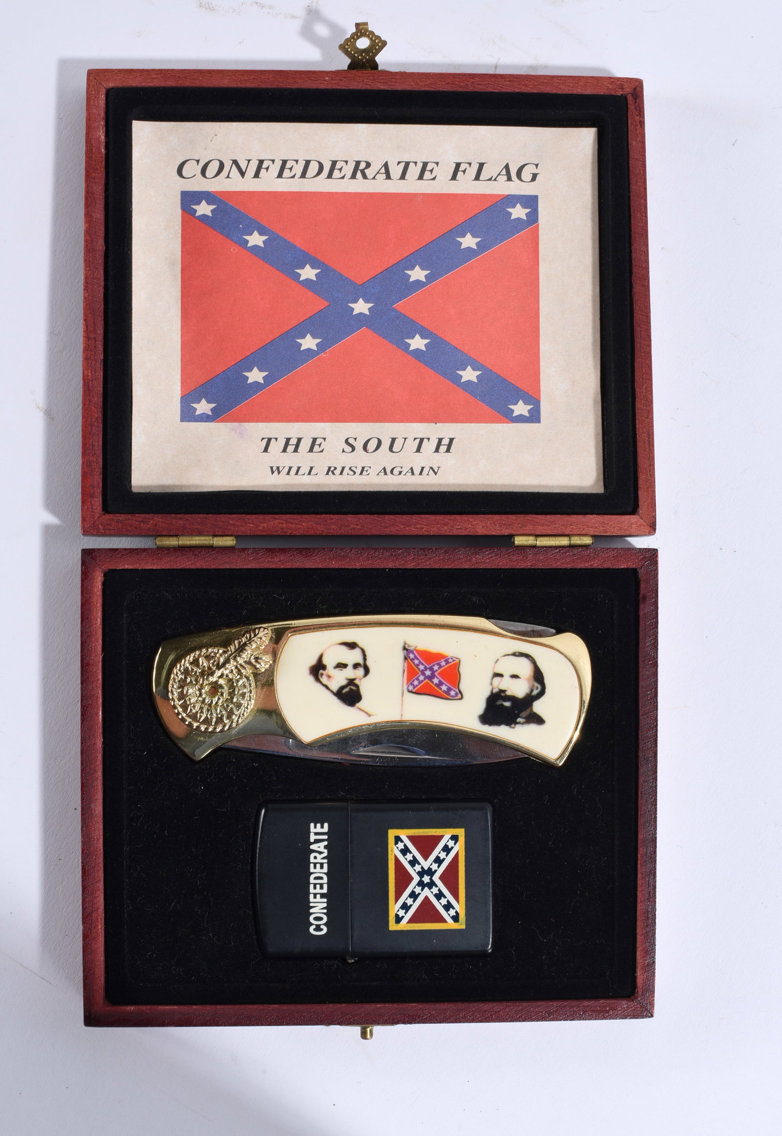 Confederate Knife and Zippo: 6"x5" We do offer in house shipping for items under 36" boxes 10"x10"x10" we can ship for around $21. boxes 18x18x18 we can ship for around $56 - $65. to get in house shipping pay for your item and ch