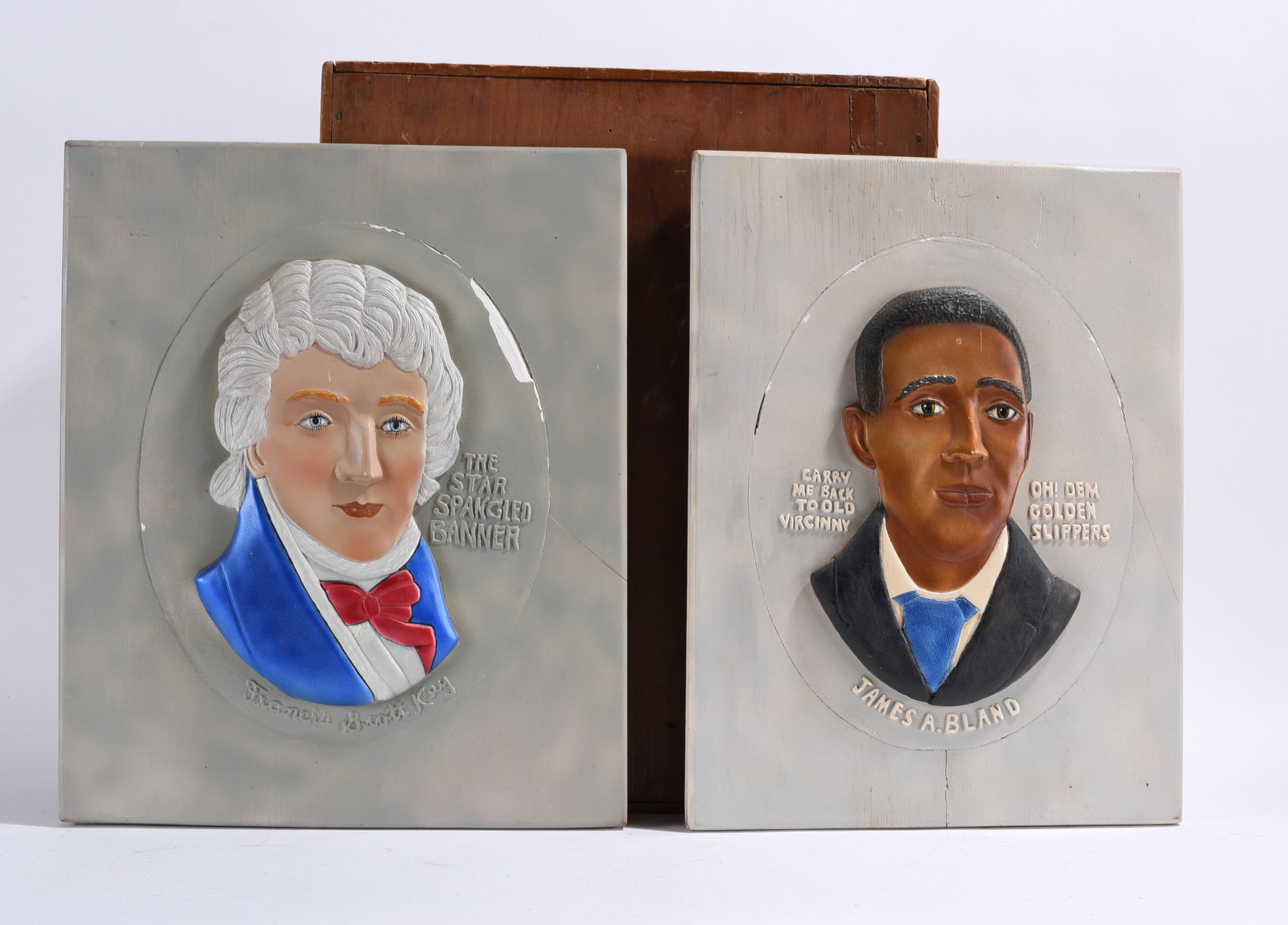Plaster Heads of James Bland and Francis Scott Key: 17"x20" We do offer in house shipping for items under 36" boxes 10"x10"x10" we can ship for around $21. boxes 18x18x18 we can ship for around $56 - $65. to get in house shipping pay for your item and 