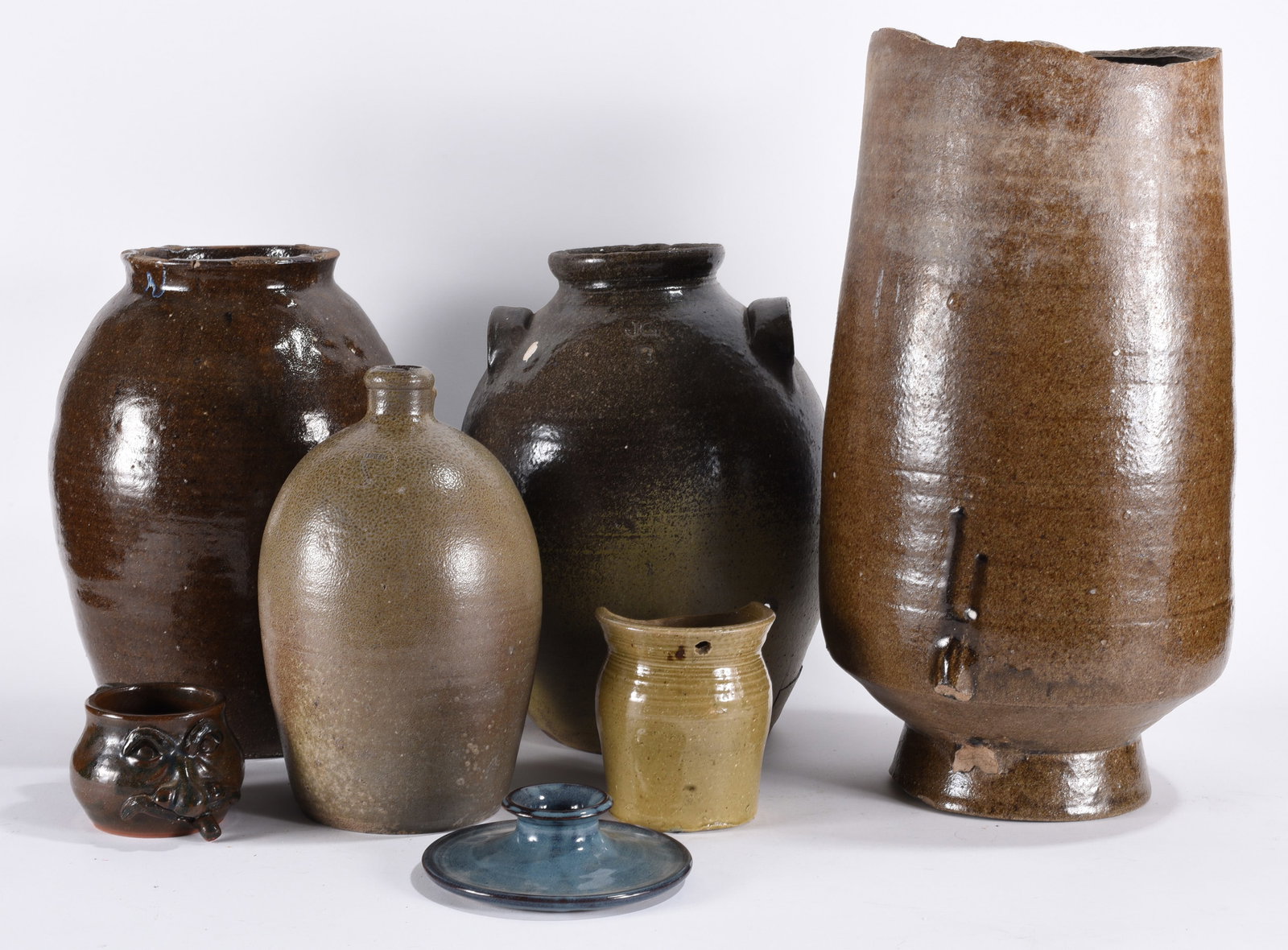 Collection of Antique Pottery Damaged some Signed: Tallest 21" We do offer in house shipping for items under 36" boxes 10"x10"x10" we can ship for around $21. boxes 18x18x18 we can ship for around $56 - $65. to get in house shipping pay for your item 