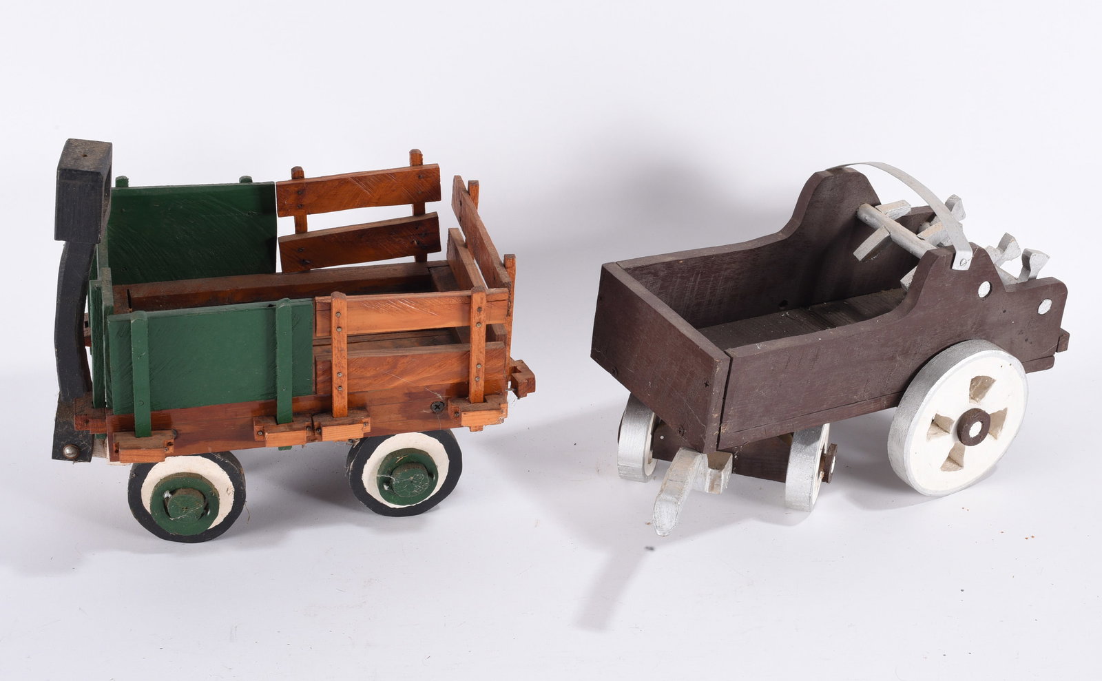 Two Vintage Wooden Toy Wagons: 8"x12" We do offer in house shipping for items under 36" boxes 10"x10"x10" we can ship for around $21. boxes 18x18x18 we can ship for around $56 - $65. to get in house shipping pay for your item and c