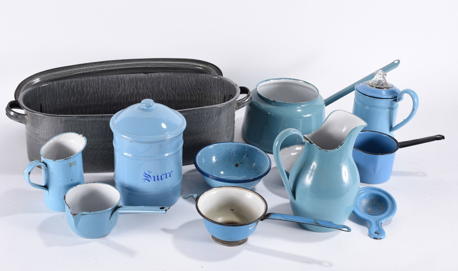 Group of Blue Enamelware Kitchen Items: Average 6" We do offer in house shipping for items under 36" boxes 10"x10"x10" we can ship for around $21. boxes 18x18x18 we can ship for around $56 - $65. to get in house shipping pay for your item a