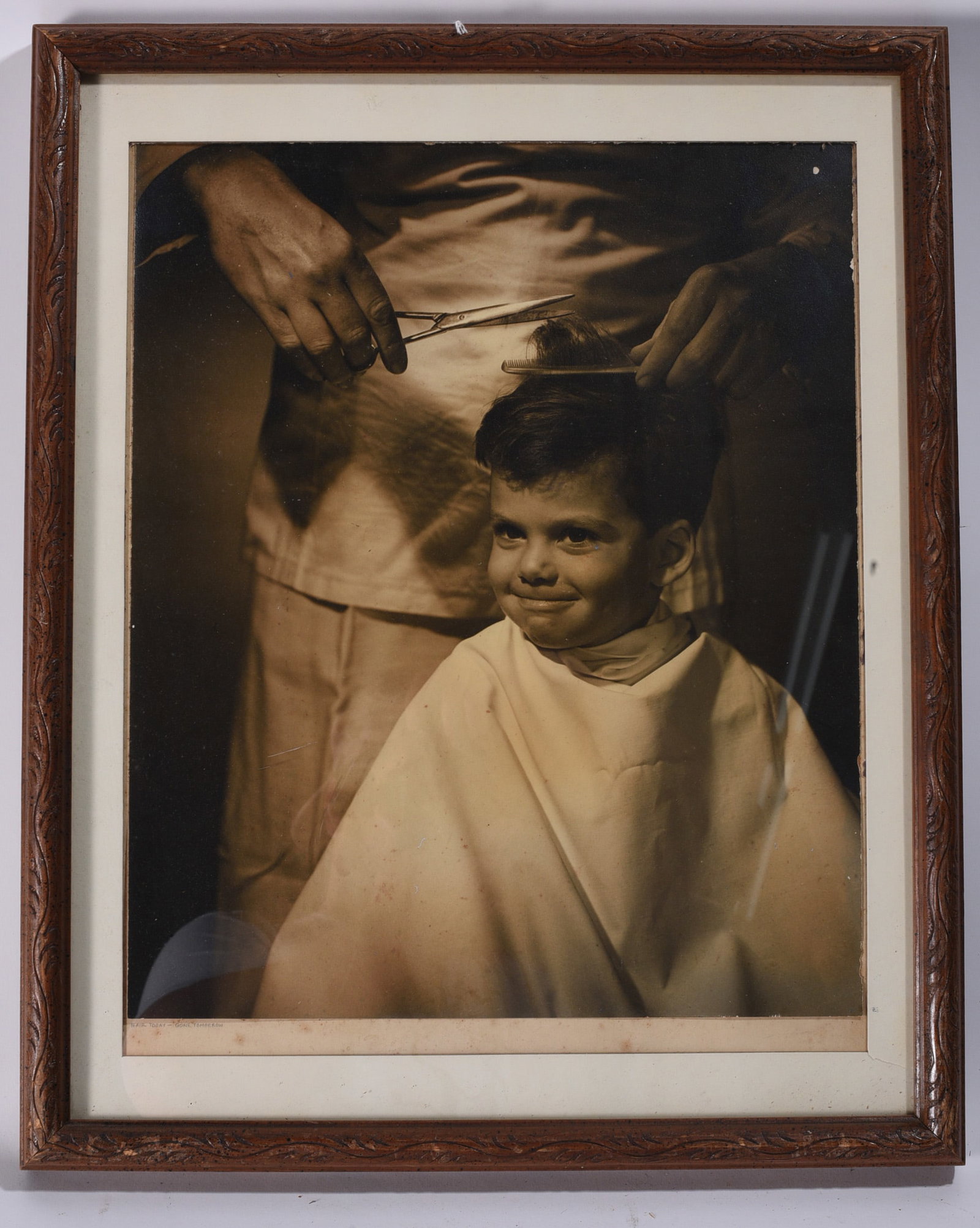 Framed Vintage Photograph of Boy Receiving Haircut: 18"x22" We do offer in house shipping for items under 36" boxes 10"x10"x10" we can ship for around $21. boxes 18x18x18 we can ship for around $56 - $65. to get in house shipping pay for your item and 