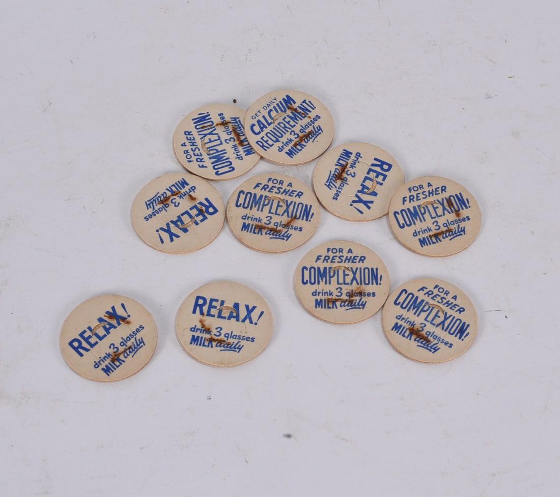 Set of Vintage Milk Advertising Tops: 1" We do offer in house shipping for items under 36" boxes 10"x10"x10" we can ship for around $21. boxes 18x18x18 we can ship for around $56 - $65. to get in house shipping pay for your item and