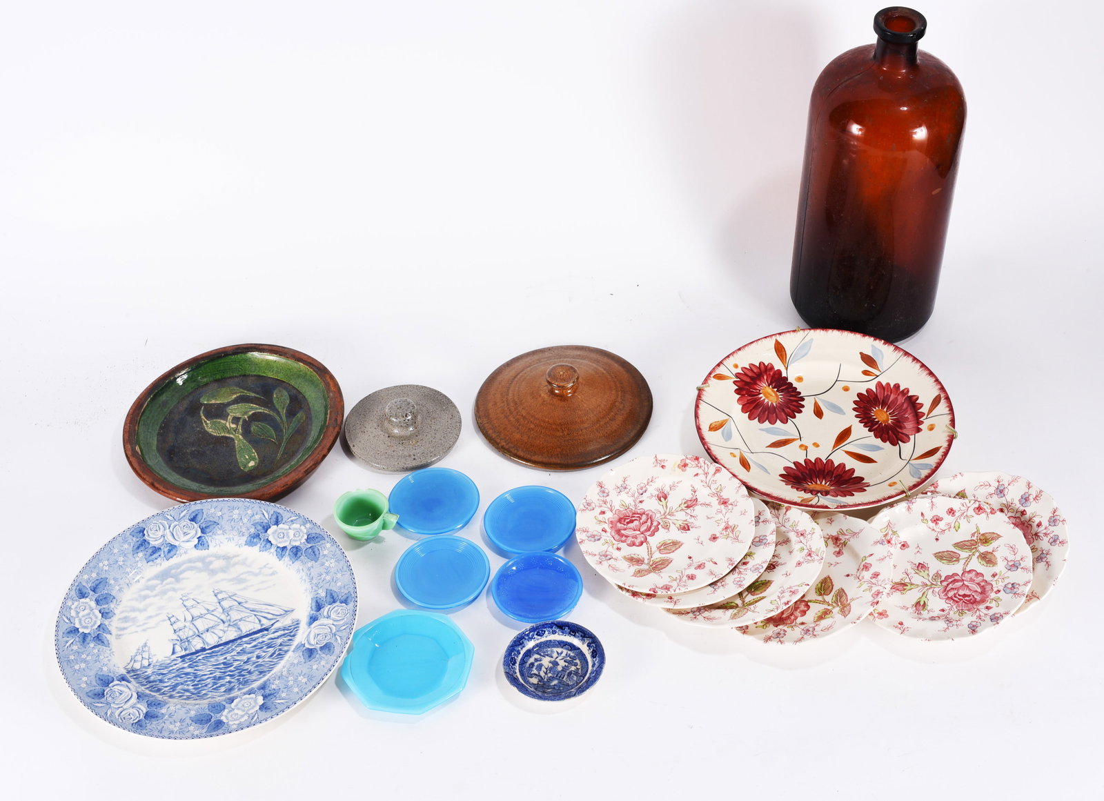 Assorted Decorative Plates, Glassware, and Bottle (1 of 1)