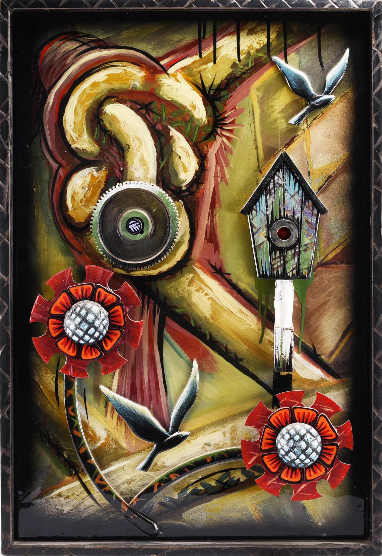 History of Birds Painting: 26"x38" --paint on wood board, signed and dated 2013. please see photos for condition. All items are in estate condition We do offer in house shipping for items under 36" boxes 10"x10"x10" we can