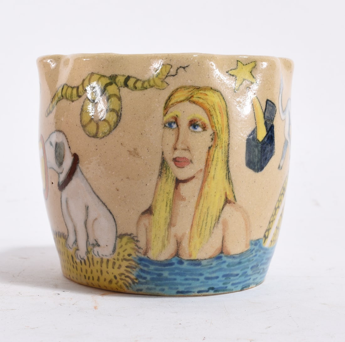 Stacy Lambert Folk Pottery Vase: 4" --quality painted vase by Stacy Lambert, signed and dated on bottom 1999. Condition is excellent. please see photos for condition. All items are in estate condition We do offer in house shipping fo