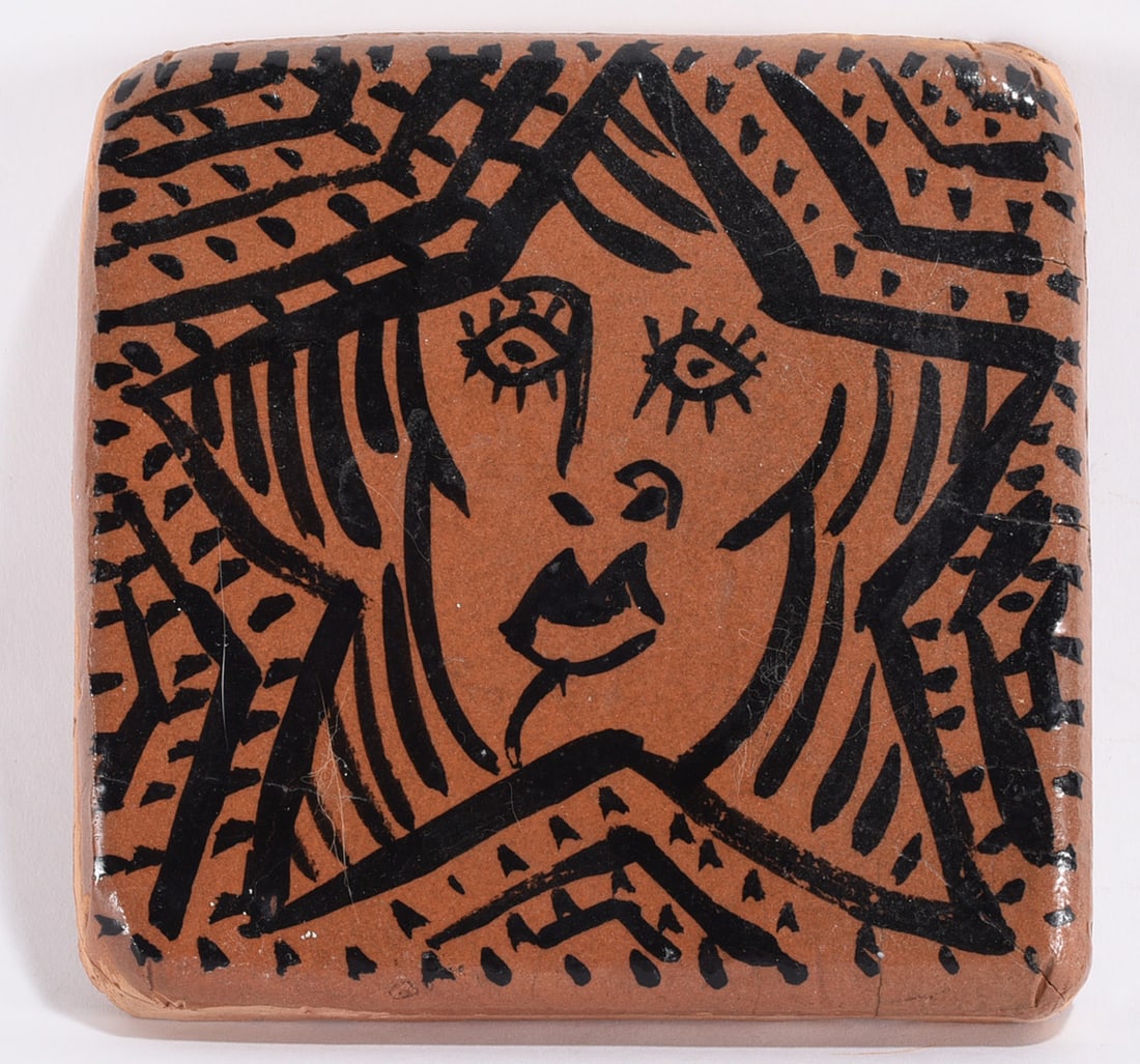 Mexican Pottery Tyle: 5" --Mexican Pottery tile with stamp on back signed PH. Condition is excellent. please see photos for condition. All items are in estate condition We do offer in house shipping for items under 36" box