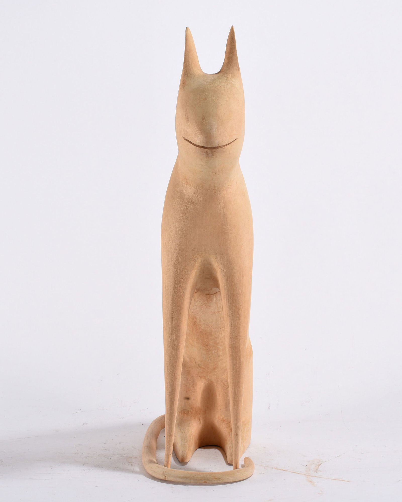 Linvel Barker Wood Carved Cat: 20" --outstanding carved wooden cat by Linvel Barker. small break to tail likely done by artist and fixed by the artist and sold that way. please see photos for condition. All items are in estate cond