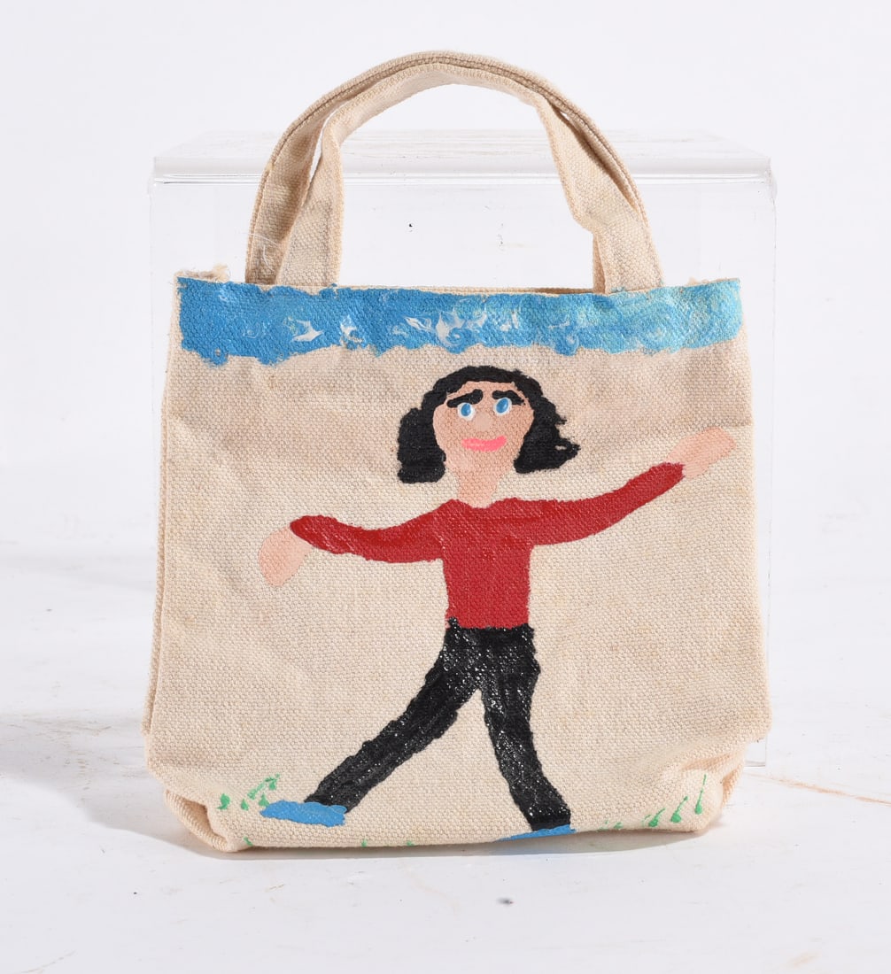 Minnie Adkins Painted Bag: 8" --small painted bag by Minnie Adkins. please see photos for condition. All items are in estate condition We do offer in house shipping for items under 36" boxes 10"x10"x10" we can ship for around $