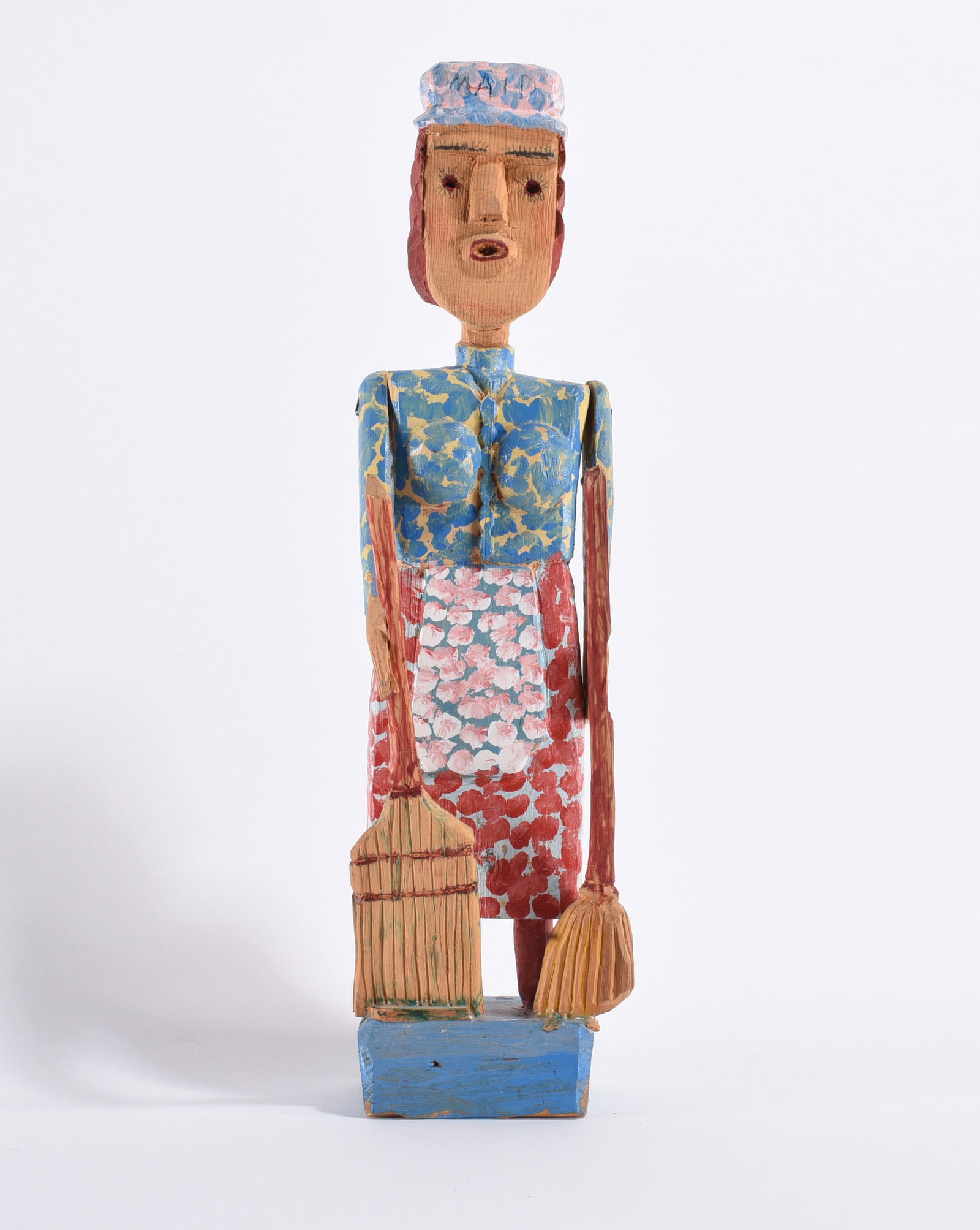 Carl McKenzie Folk Art Carving: 16" --carved wood and paint. A very nice carving of a maid. Titled on the hat. Signed on bottom. please see photos for condition. All items are in estate condition We do offer in house shipping for it