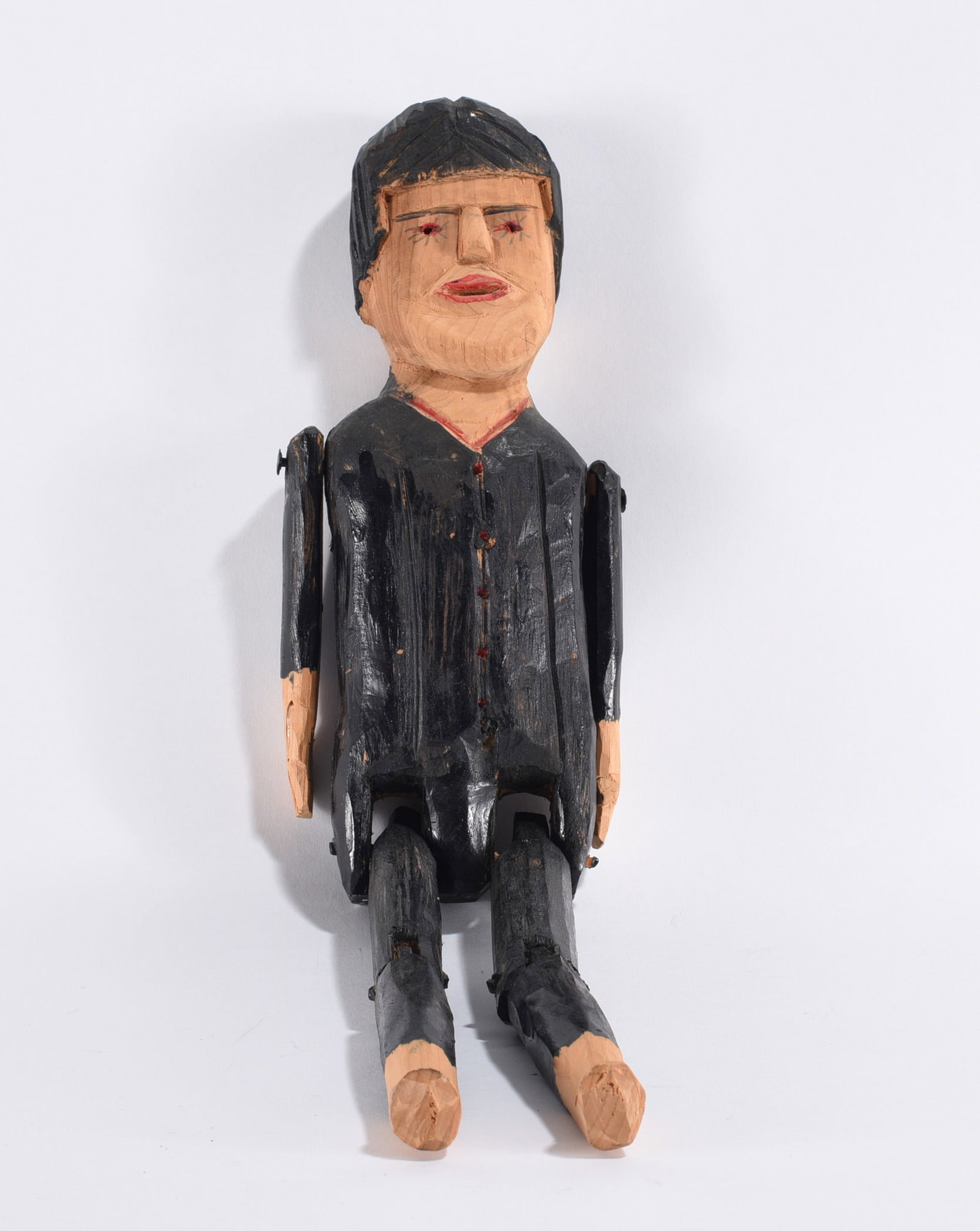 Carl Mckenzie Folk Art Carved Articulated Man: 16" --carved wood and paint a rare formed articulated man. please see photos for condition. All items are in estate condition We do offer in house shipping for items under 36" boxes 10"x10"x10" we can
