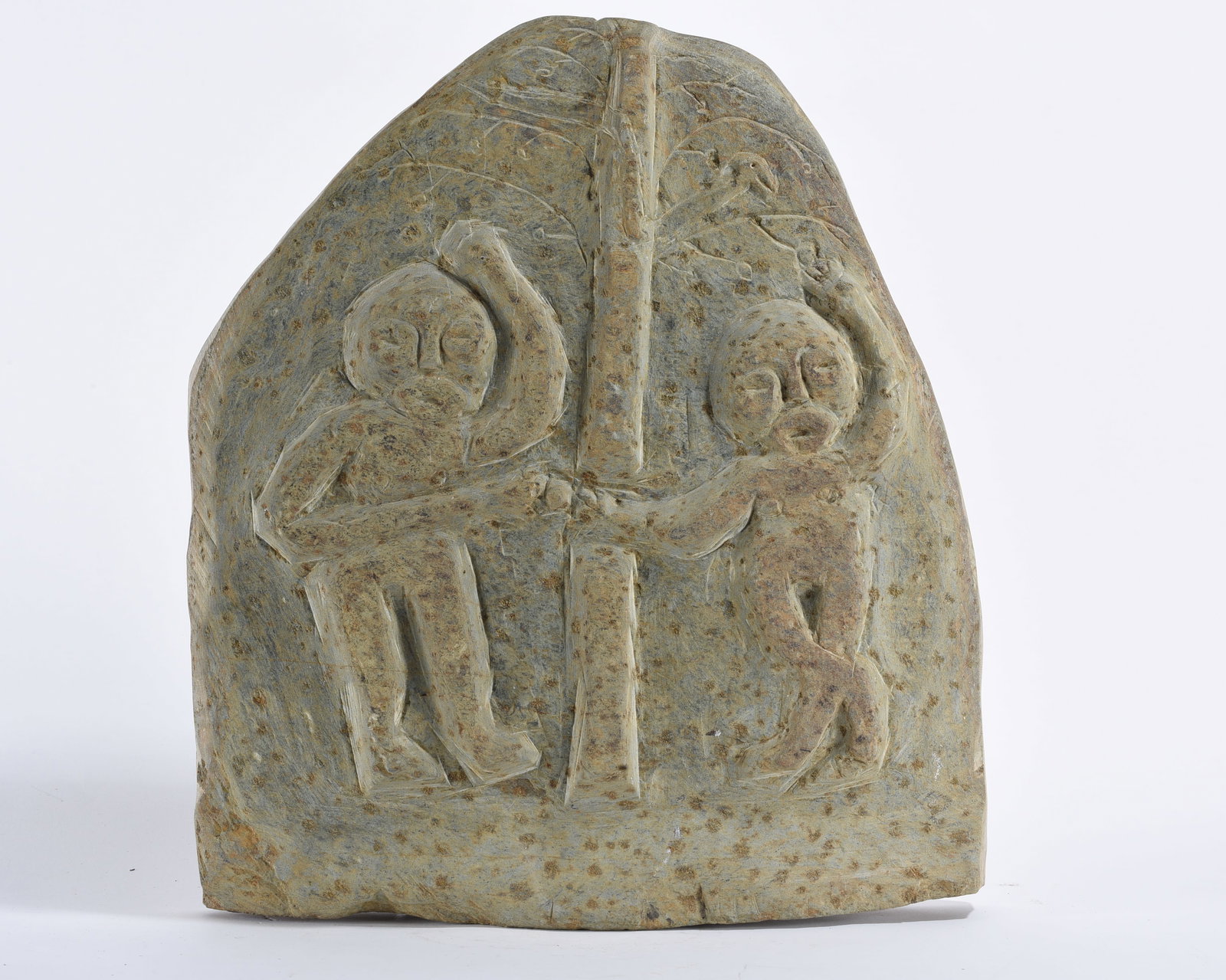 Raymond Coins Carved Stone: 17" --Adam and Eve stone carving by Raymond Coins. Signed on back. please see photos for condition. All items are in estate condition We do offer in house shipping for items under 36" boxes 10"x10"x10