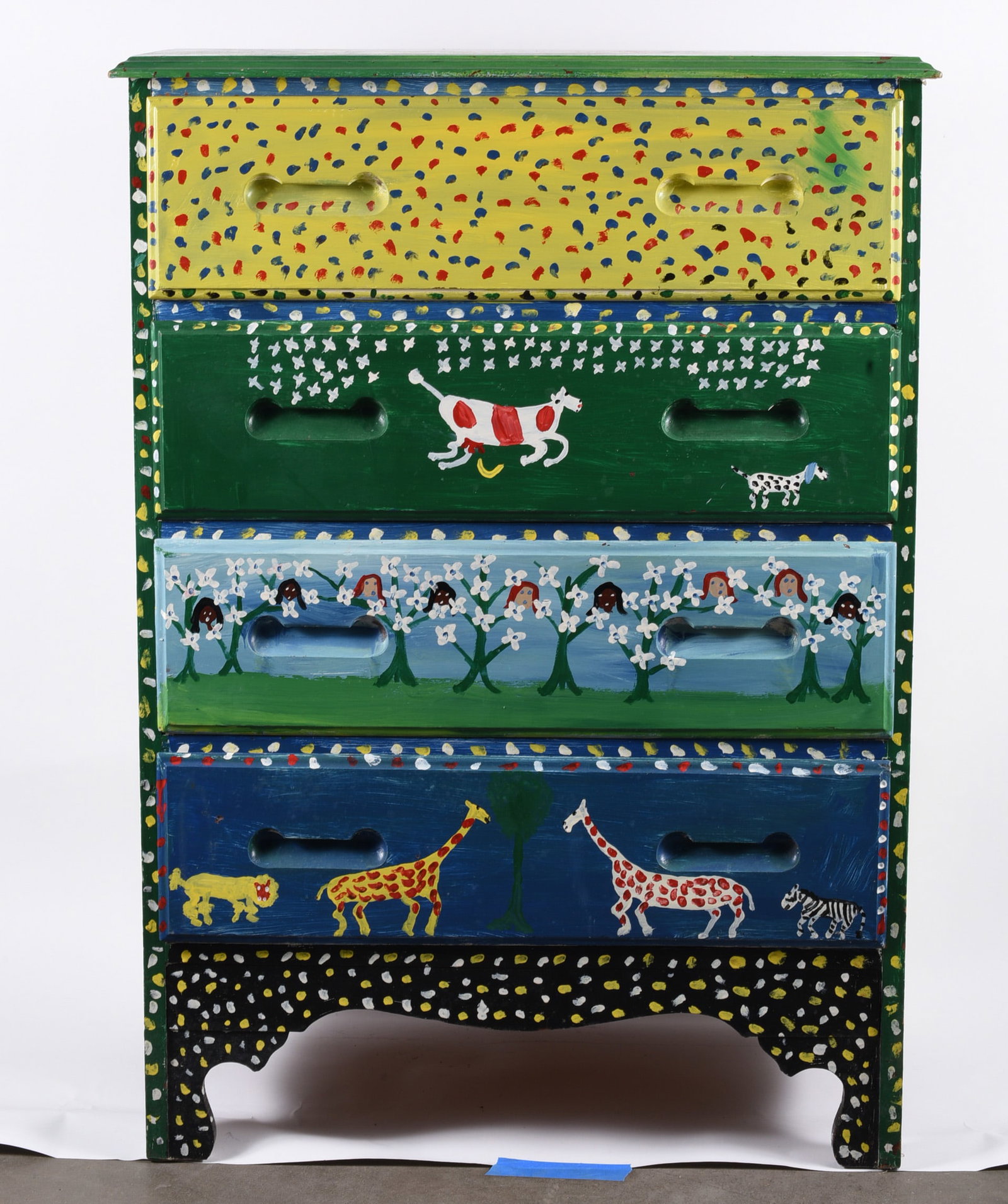 Sam the Dot Man Painted Chest of Drawers: 28"x40"paint on wood chest of drawers. Clean and ready to go into a home for use or decoration. please see photos for condition. All items are in estate condition We do offer in house shipping for ite